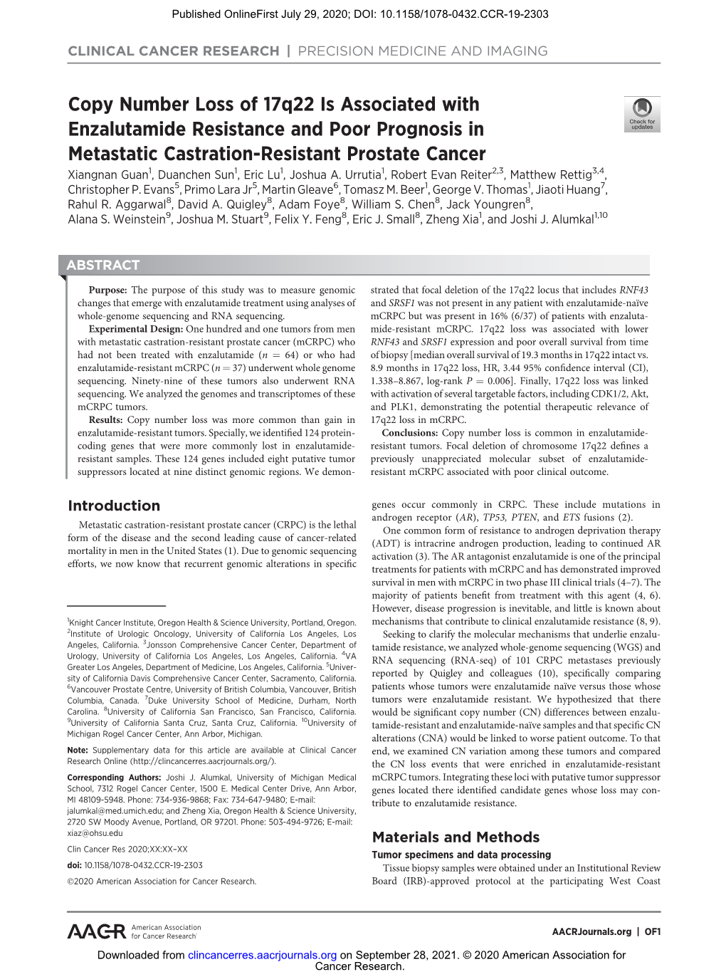 Copy Number Loss of 17Q22 Is Associated with Enzalutamide