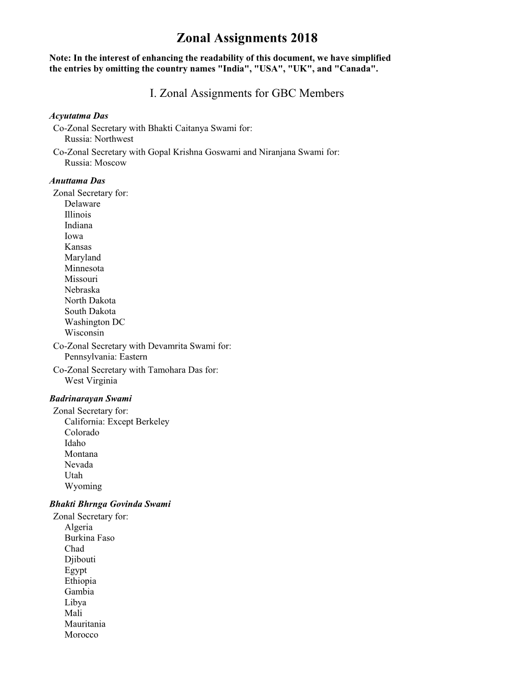 Zonal Assignments 2018