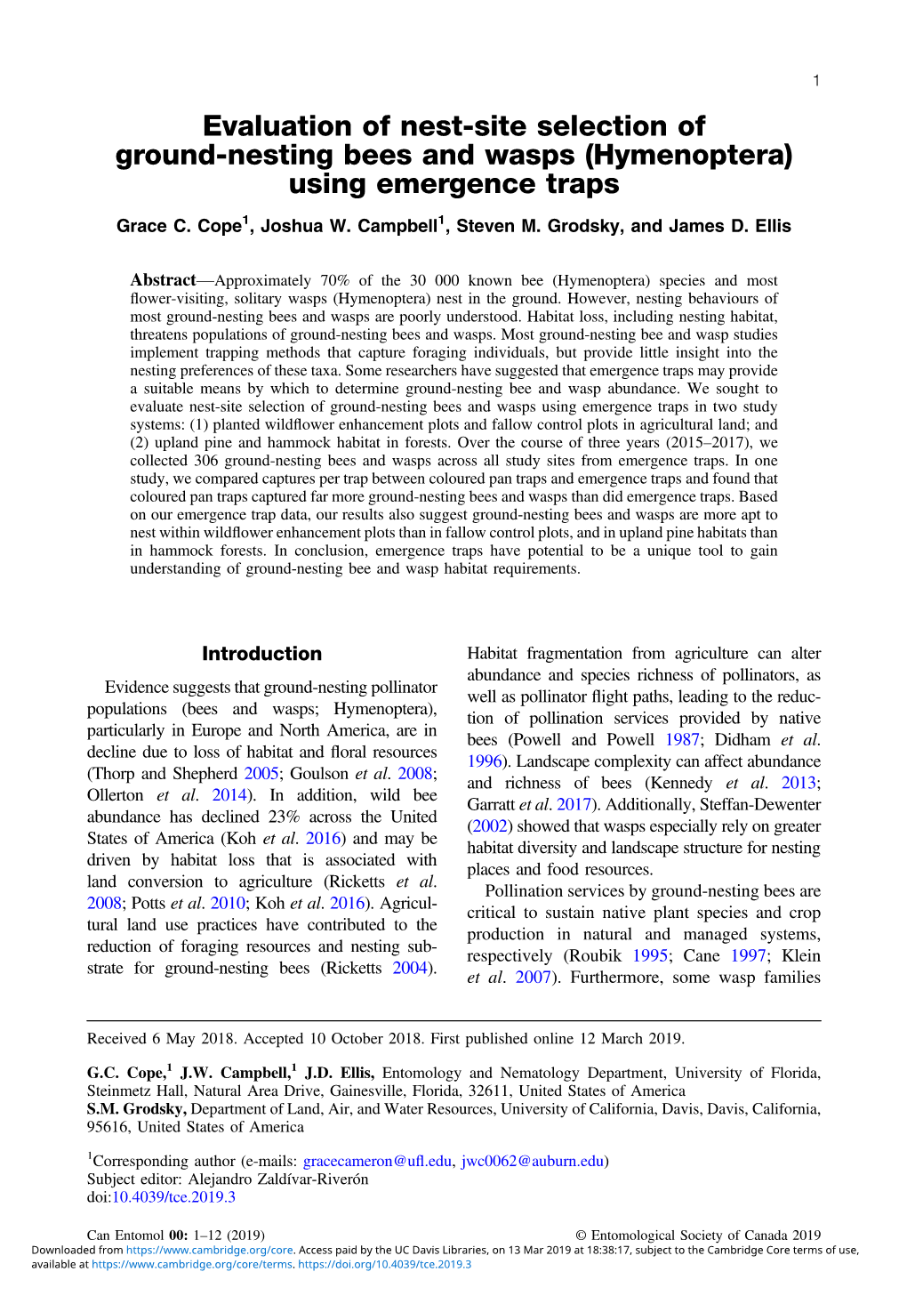 Evaluation of Nest-Site Selection of Ground-Nesting Bees and Wasps (Hymenoptera) Using Emergence Traps Grace C