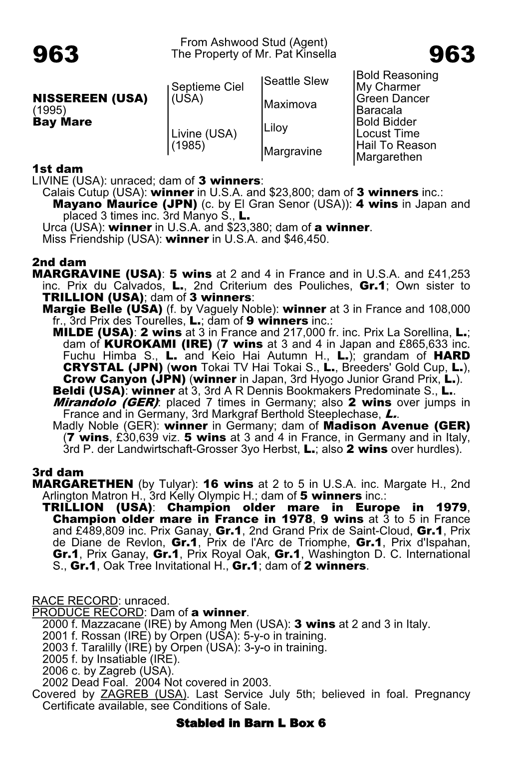 From Ashwood Stud (Agent) 963 the Property of Mr