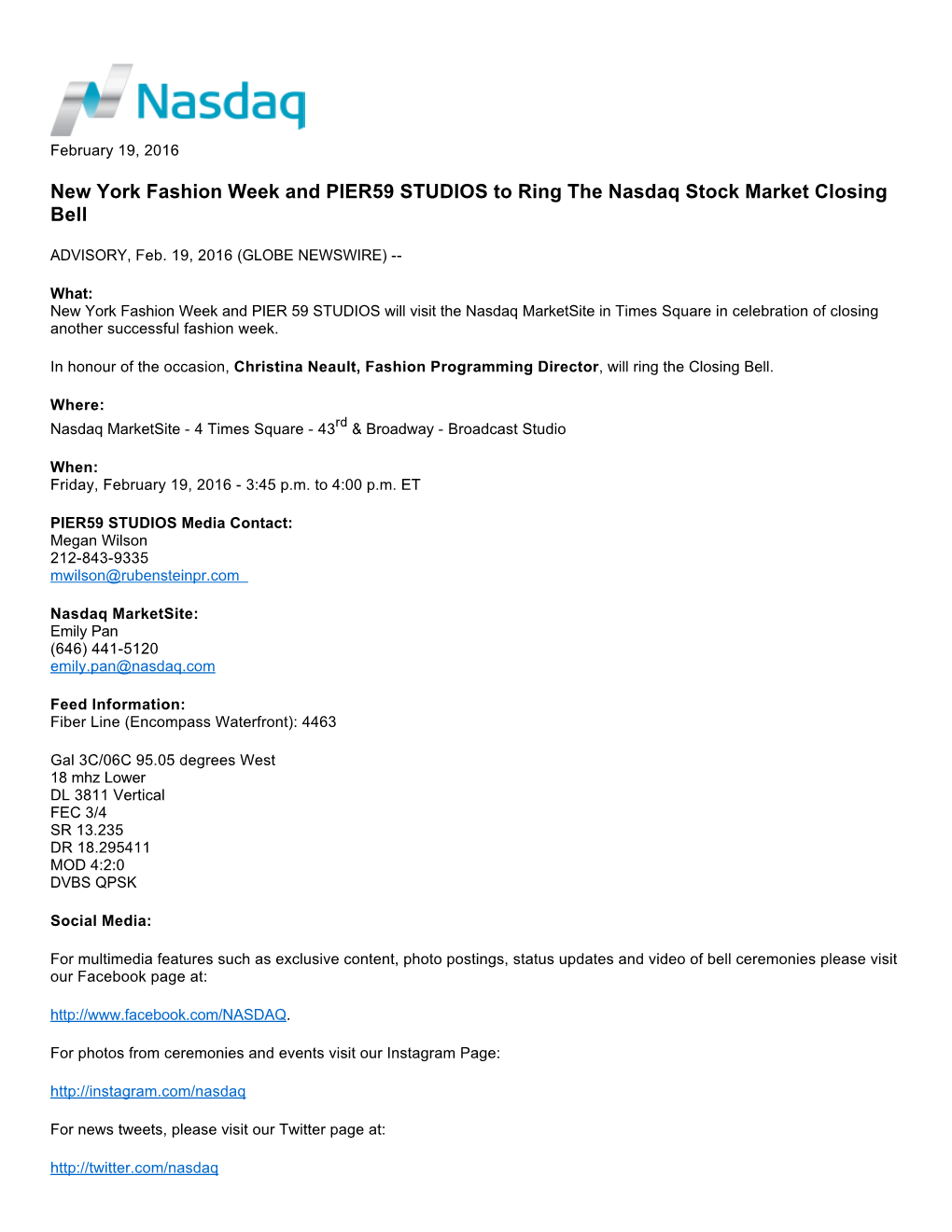 New York Fashion Week and PIER59 STUDIOS to Ring the Nasdaq Stock Market Closing Bell