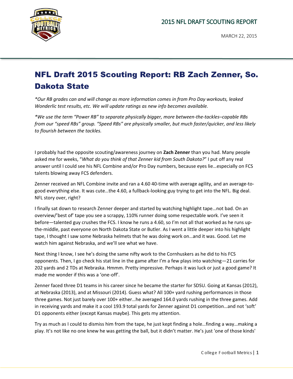 NFL Draft 2015 Scouting Report: RB Zach Zenner, So. Dakota State