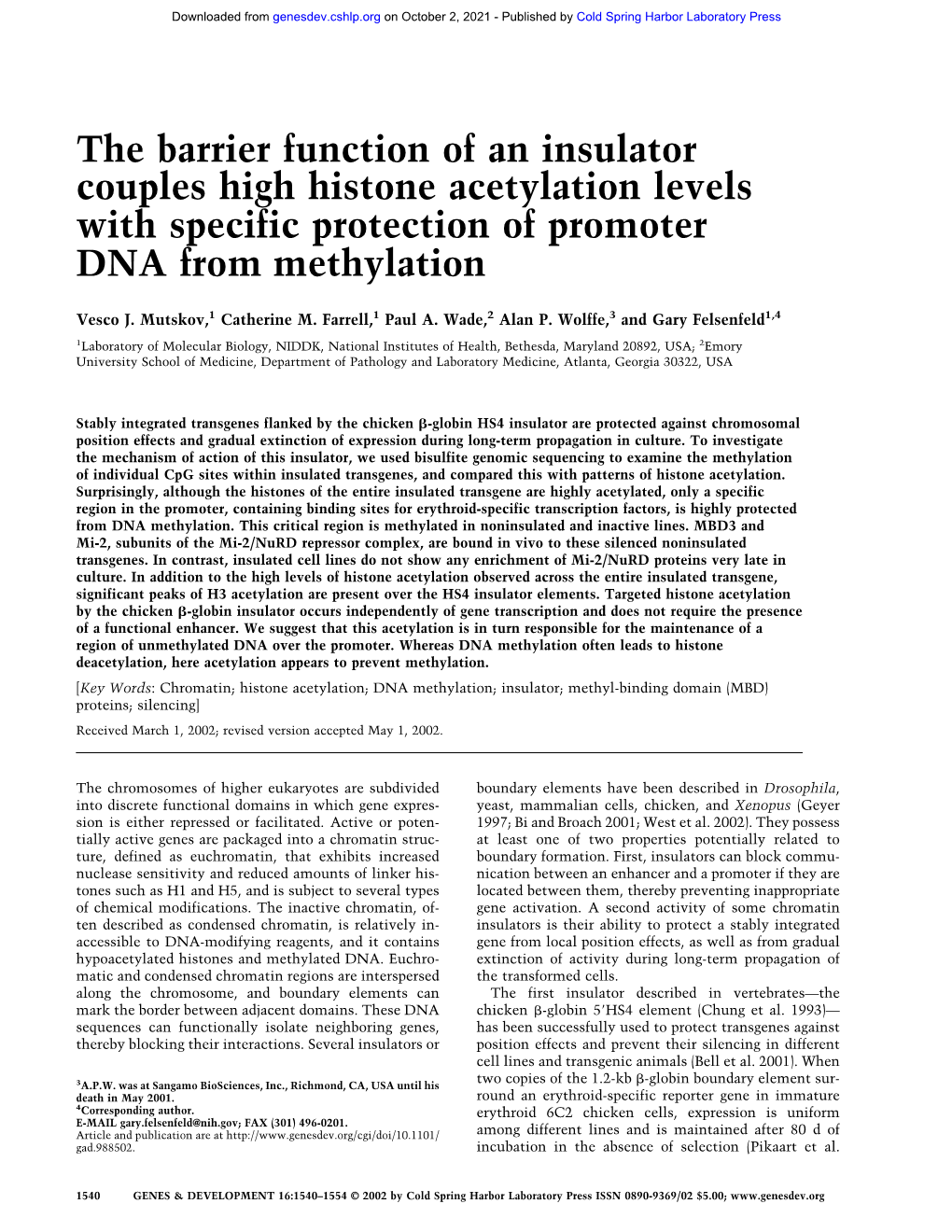 The Barrier Function of an Insulator Couples High Histone Acetylation Levels with Specific Protection of Promoter DNA from Methylation