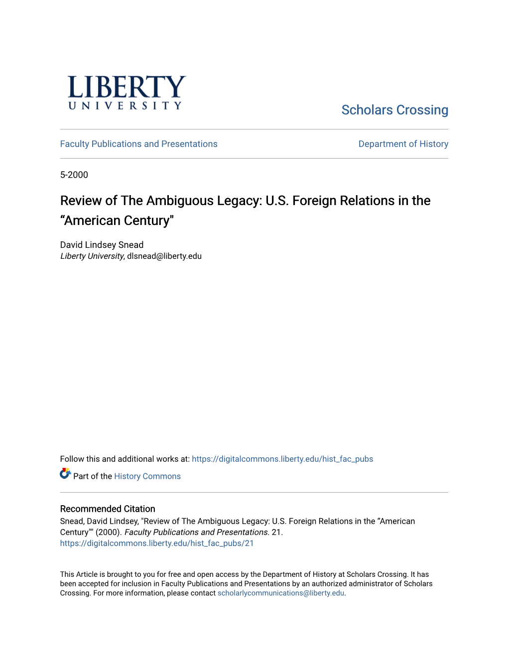 Review of the Ambiguous Legacy: U.S. Foreign Relations in the Â