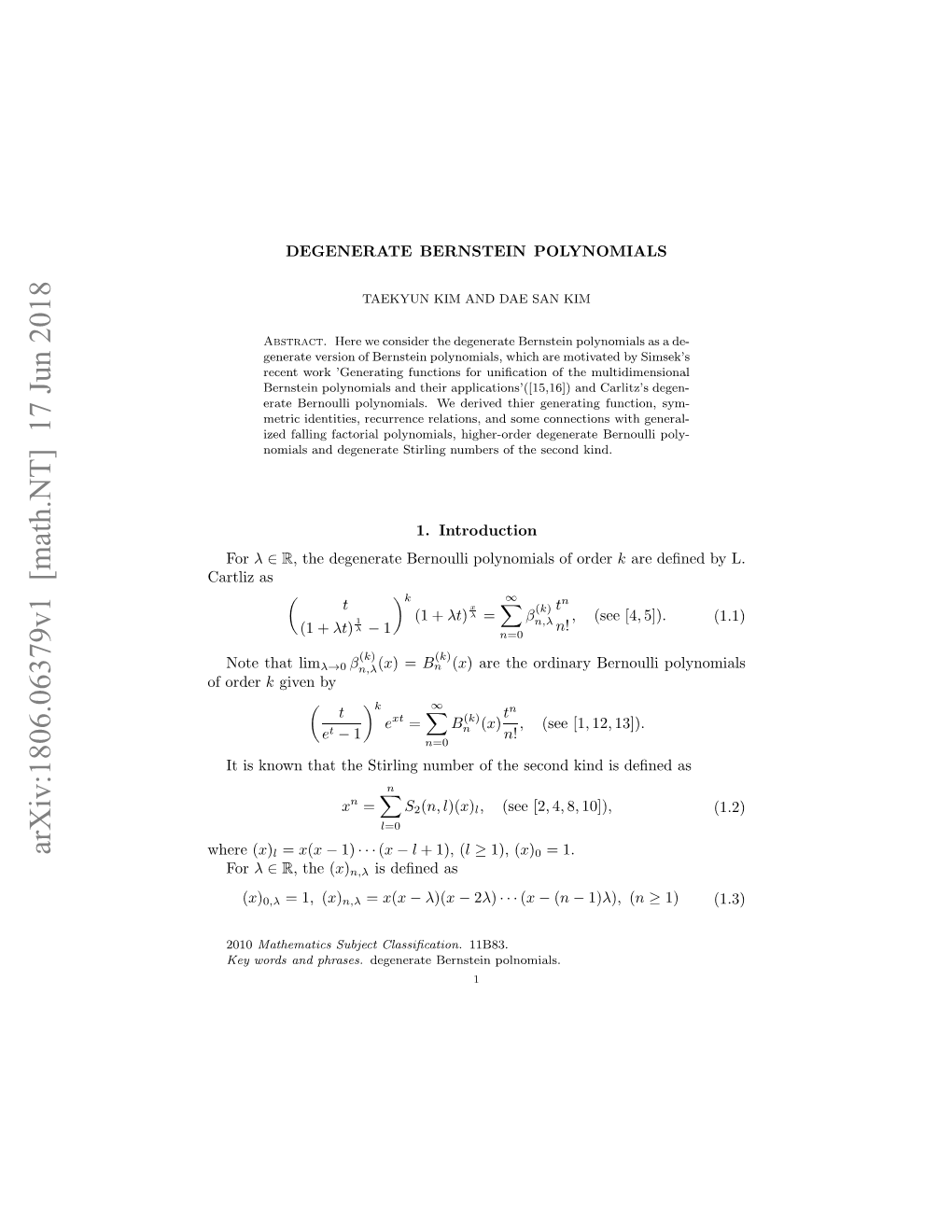 Degenerate Bernstein Polynomials Associated with the Probability Distribution