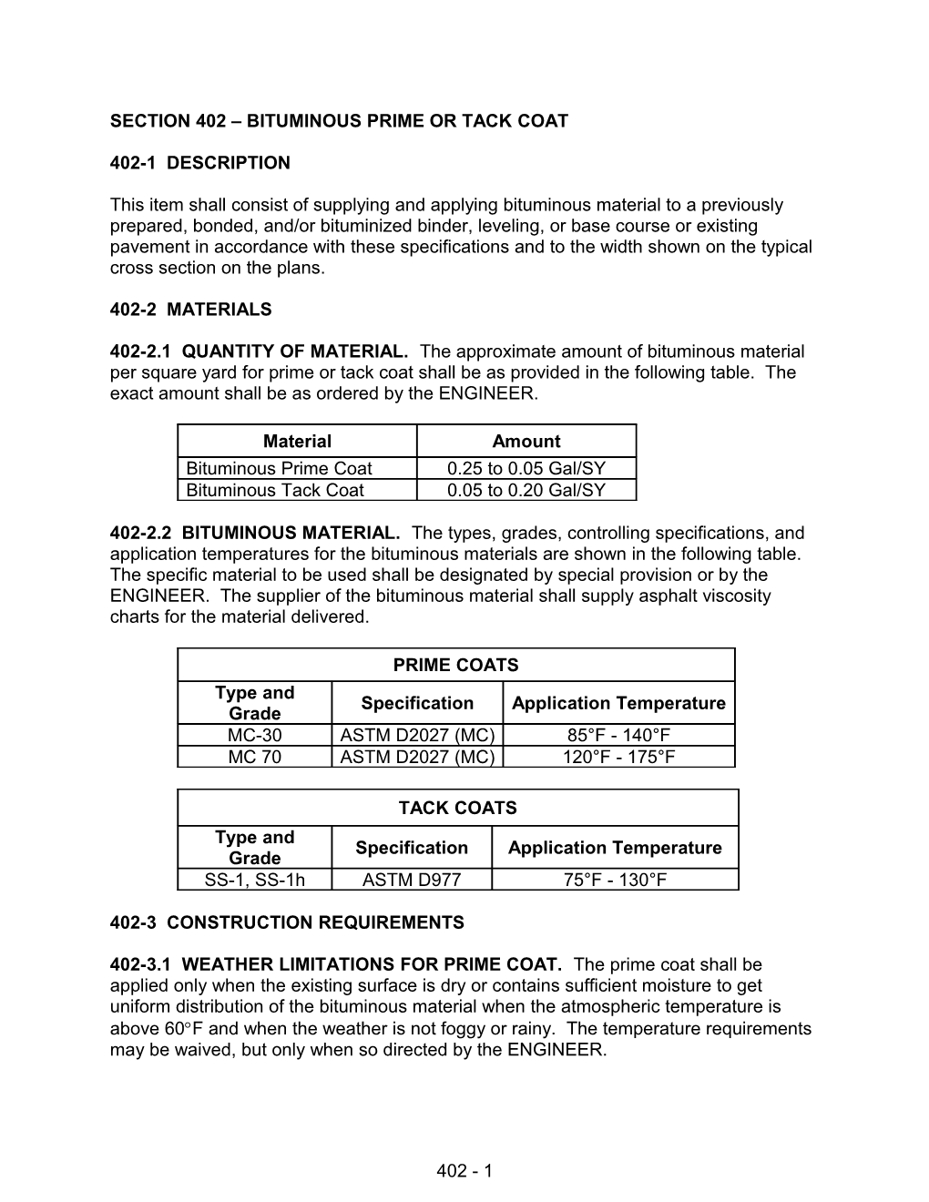 Section 402 Bituminous Prime Or Tack Coat