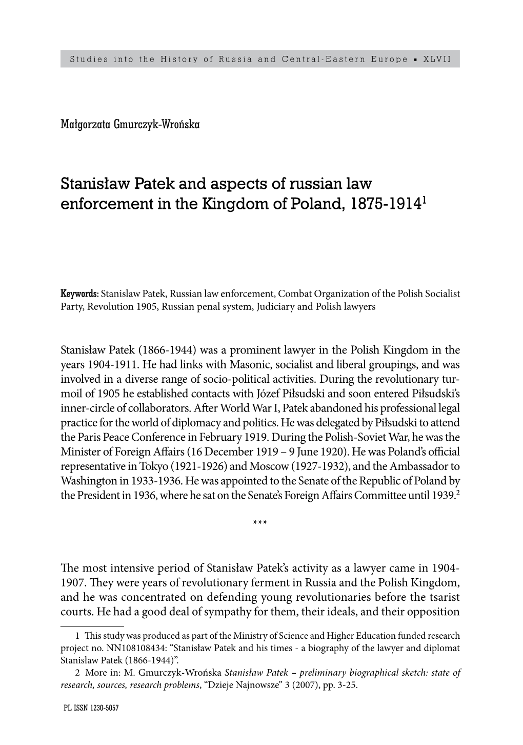 Stanisław Patek and Aspects of Russian Law Enforcement in the Kingdom of Poland, 1875-19141