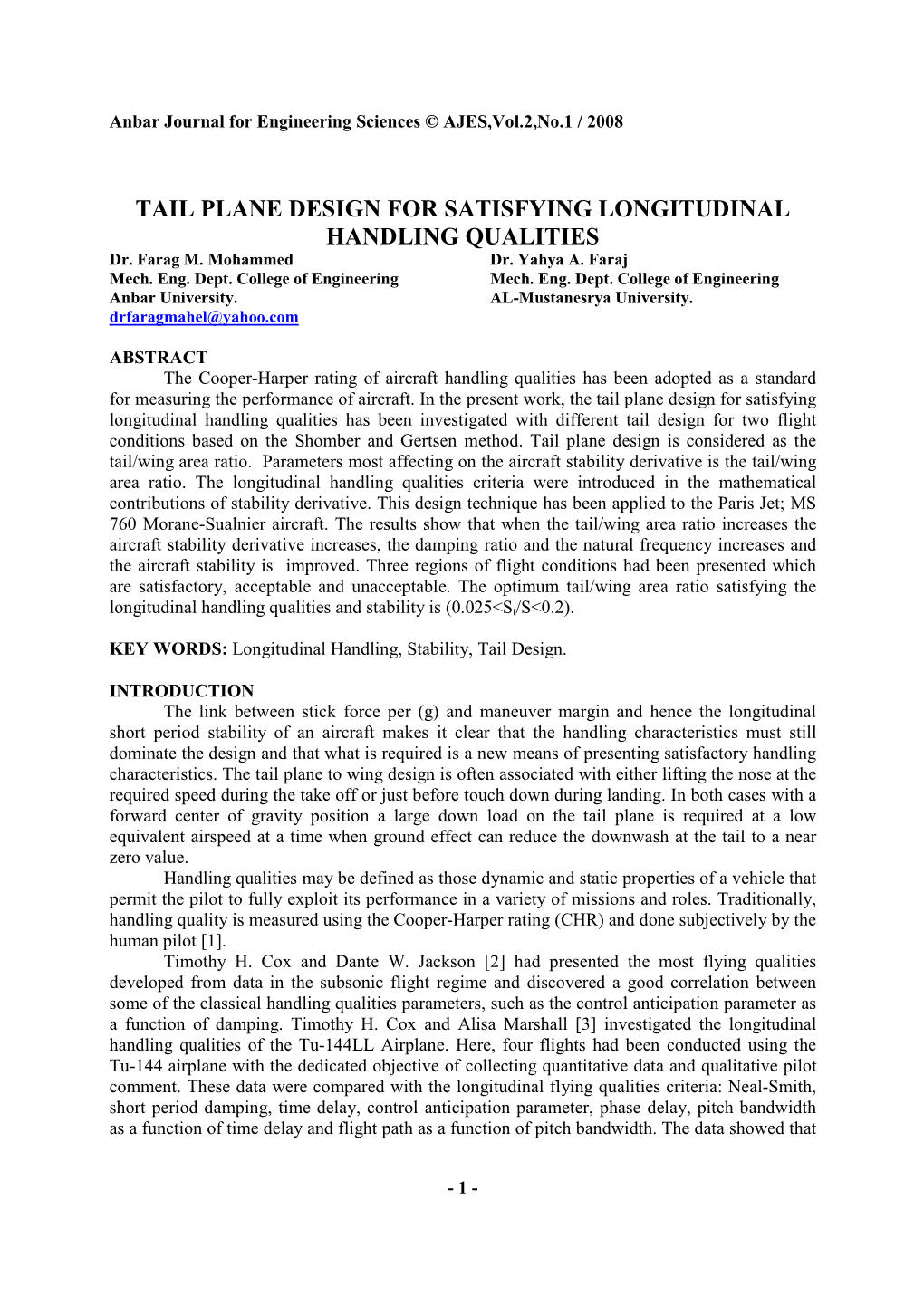 TAIL PLANE DESIGN for SATISFYING LONGITUDINAL HANDLING QUALITIES Dr