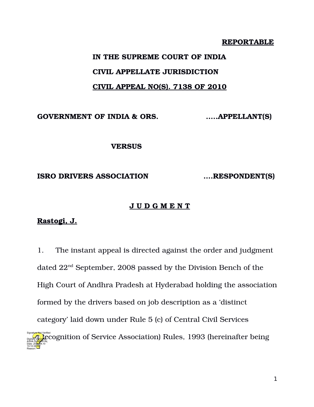 Reportable in the Supreme Court of India Civil