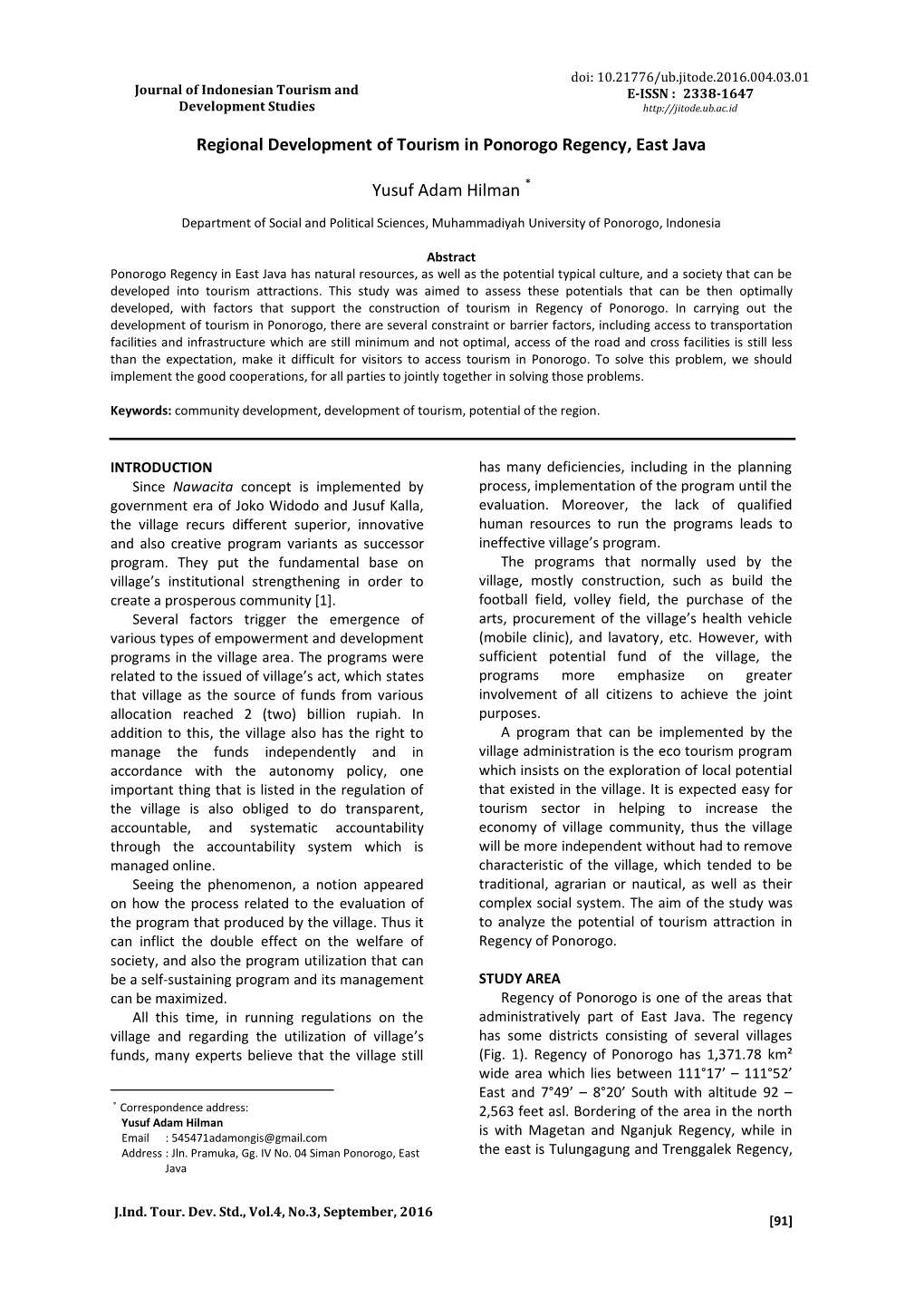 Regional Development of Tourism in Ponorogo Regency, East Java