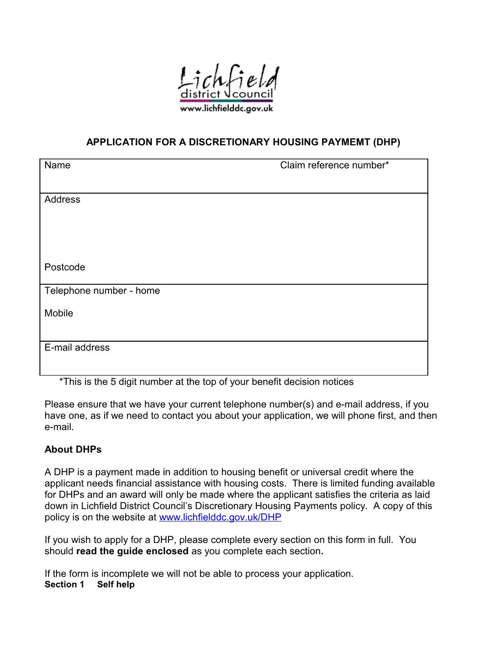 Discretionary Housing Payments Application Form