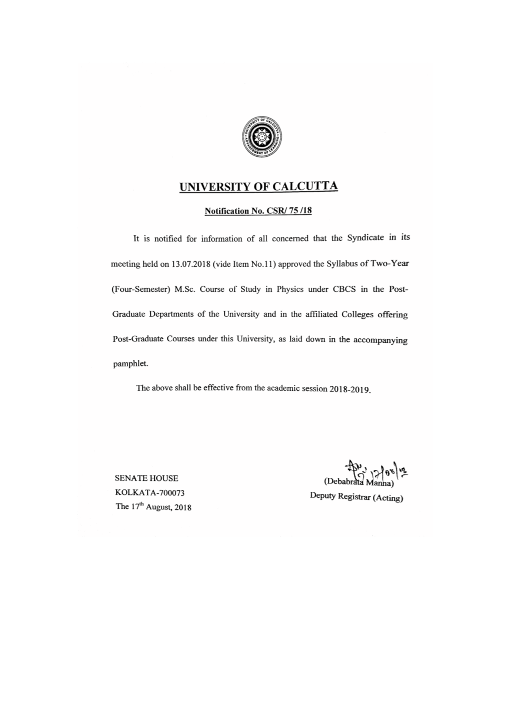 M.Sc. Physics University of Calcutta 2018