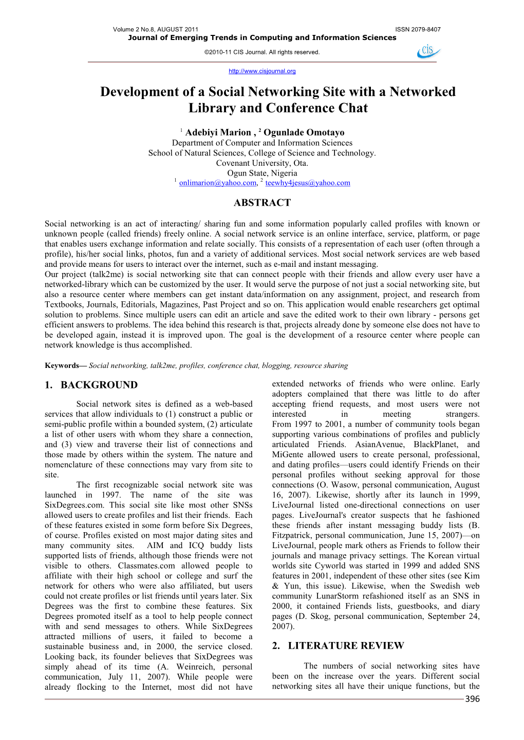 Journal of Computing Development of a Social Networking Site with A