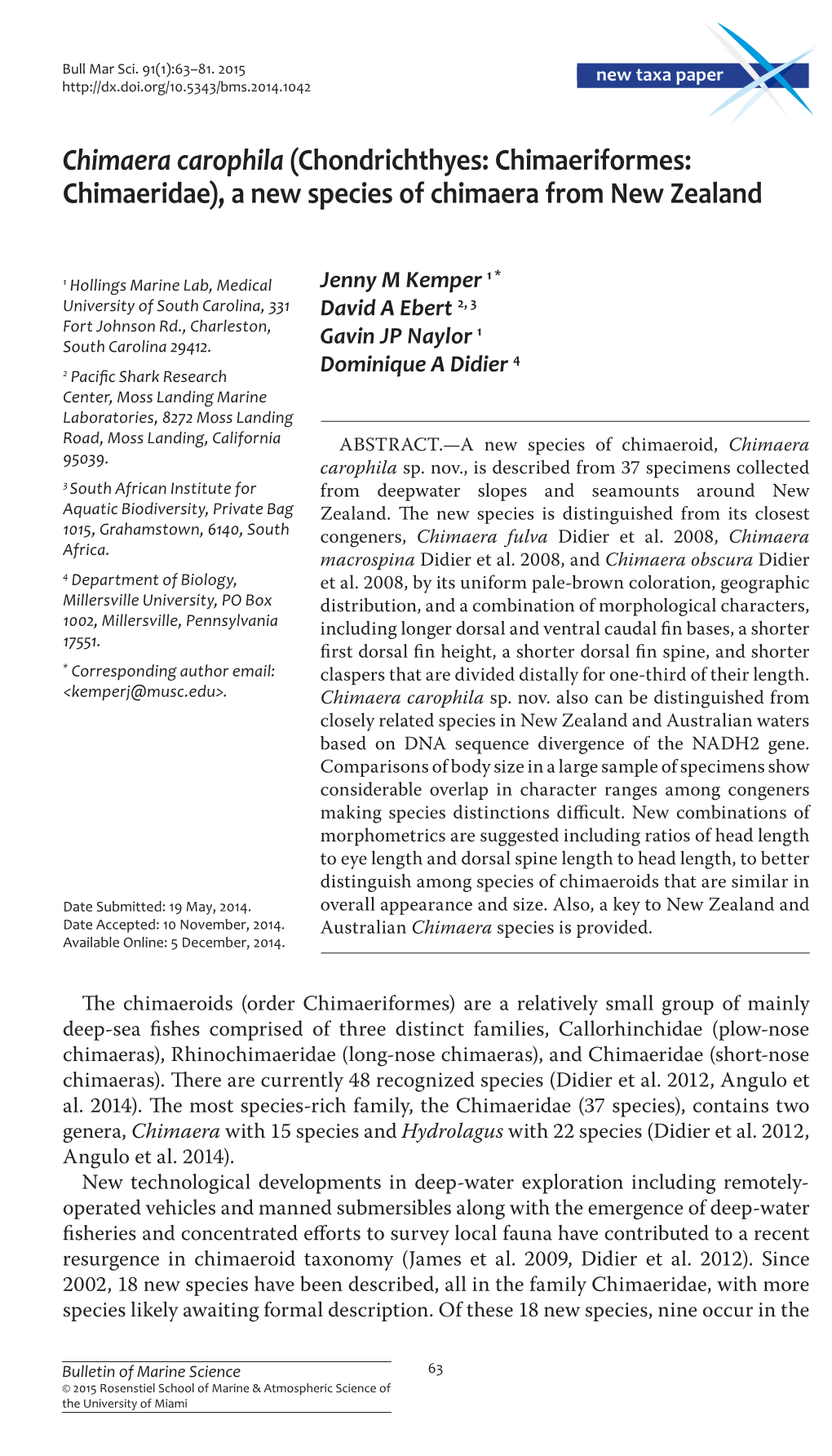 Chondrichthyes: Chimaeriformes: Chimaeridae), a New Species of Chimaera from New Zealand