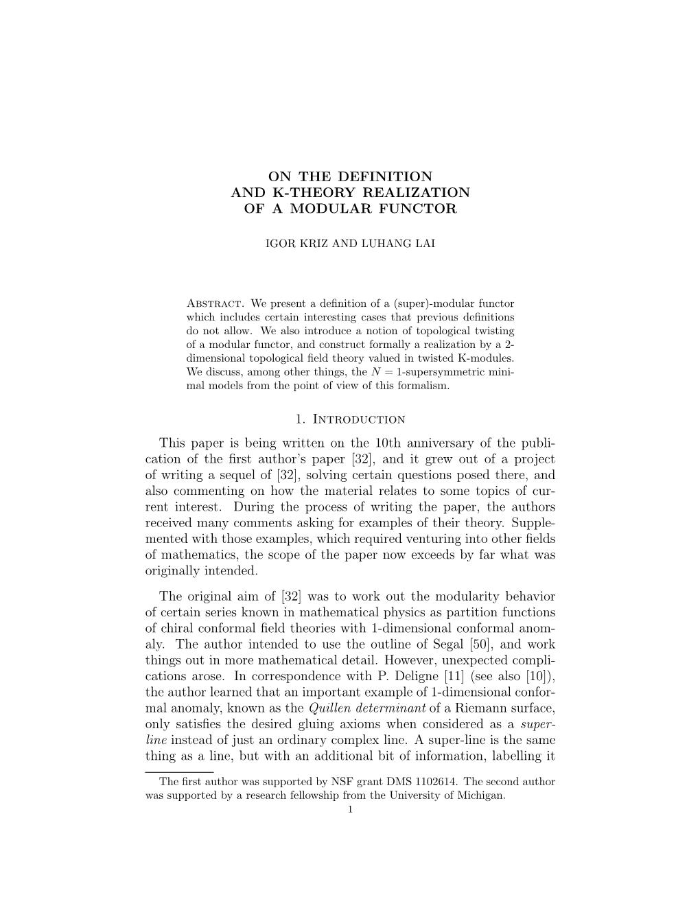 ON the DEFINITION and K-THEORY REALIZATION of a MODULAR FUNCTOR 1. Introduction This Paper Is Being Written on the 10Th Annivers