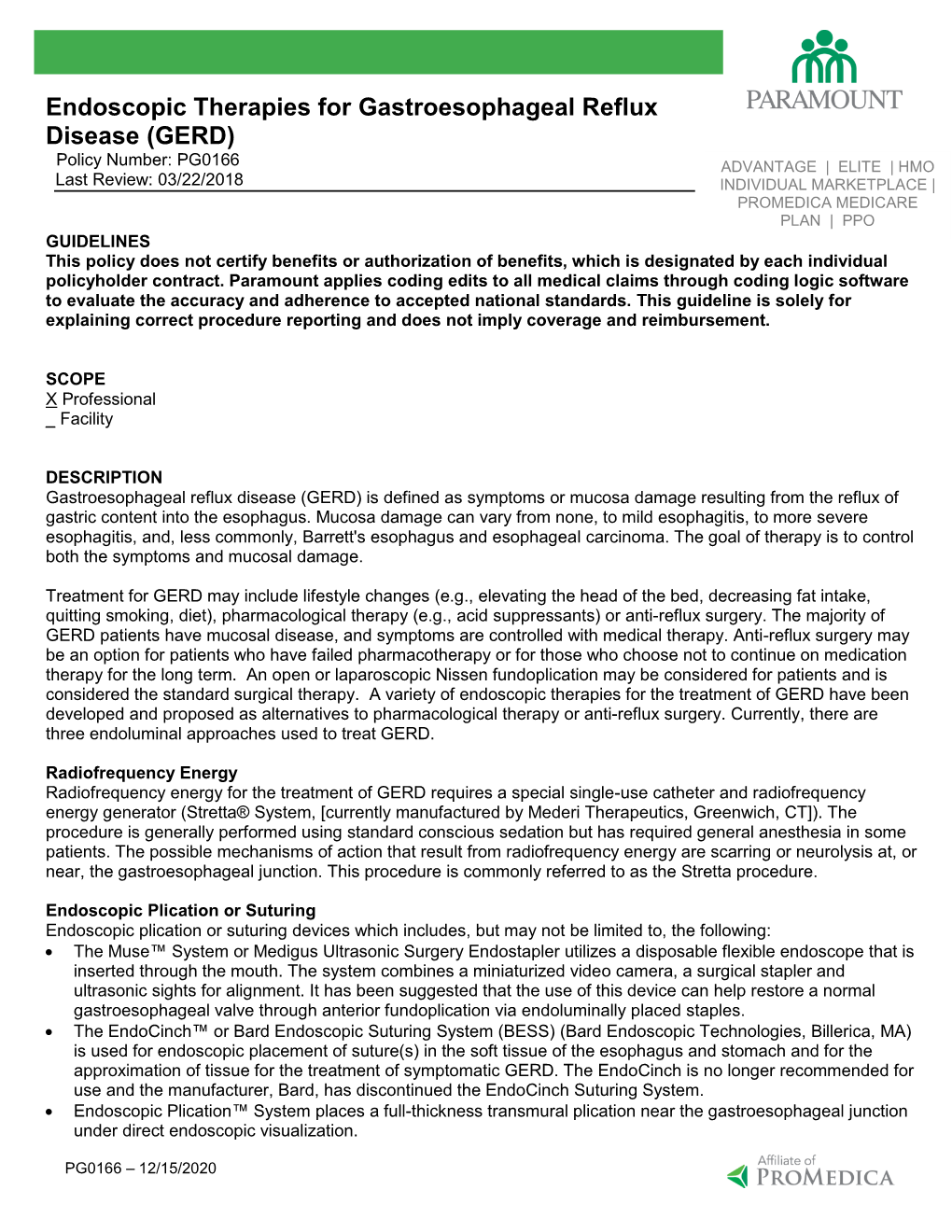 PG0166 Endoscopic Therapies for Gastroesophageal Reflux Disease