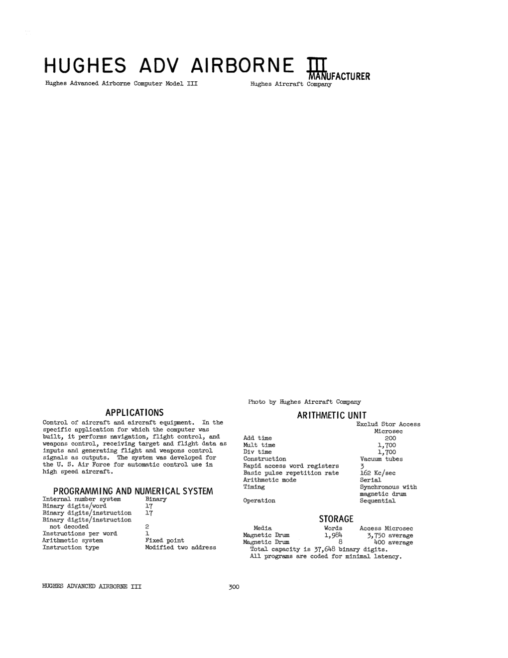 HUGHES ADV AIRBORNE Ulfacturer Hughes Advanced Airborne Computer Model III Hughes Aircraft Company