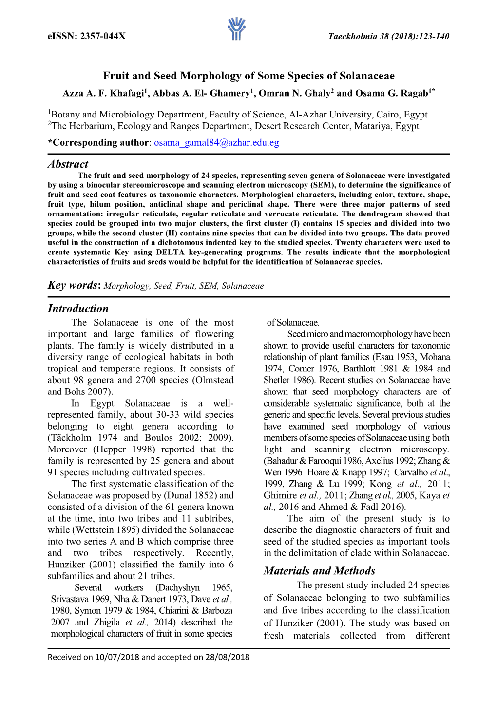 Fruit and Seed Morphology of Some Species of Solanaceae Azza A