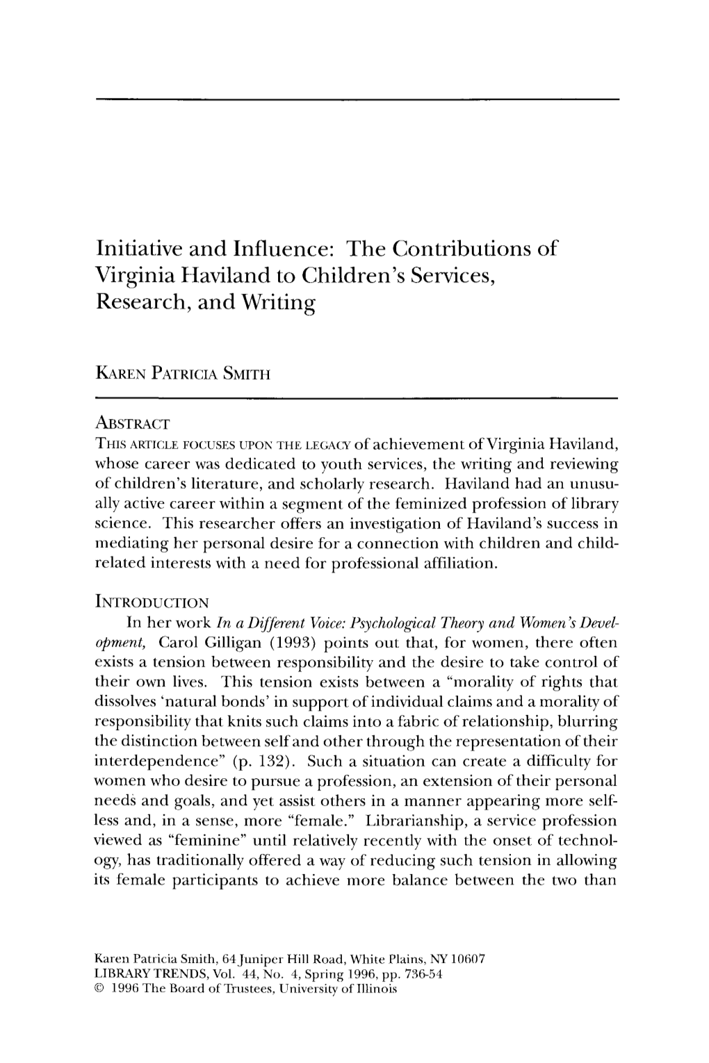 Initiative and Influence: the Contributions of Virginia Haviland to Children’S Services, Research, and Writing