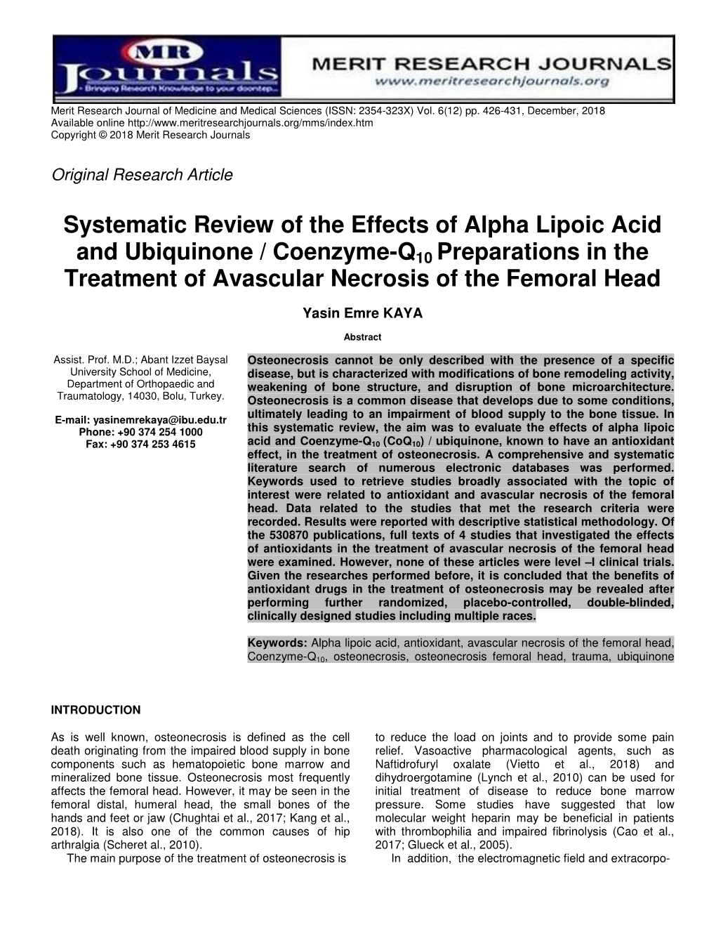 Systematic Review of the Effects of Alpha Lipoic Acid and Ubiquinone / Coenzyme-Q10 Preparations in the Treatment of Avascular Necrosis of the Femoral Head