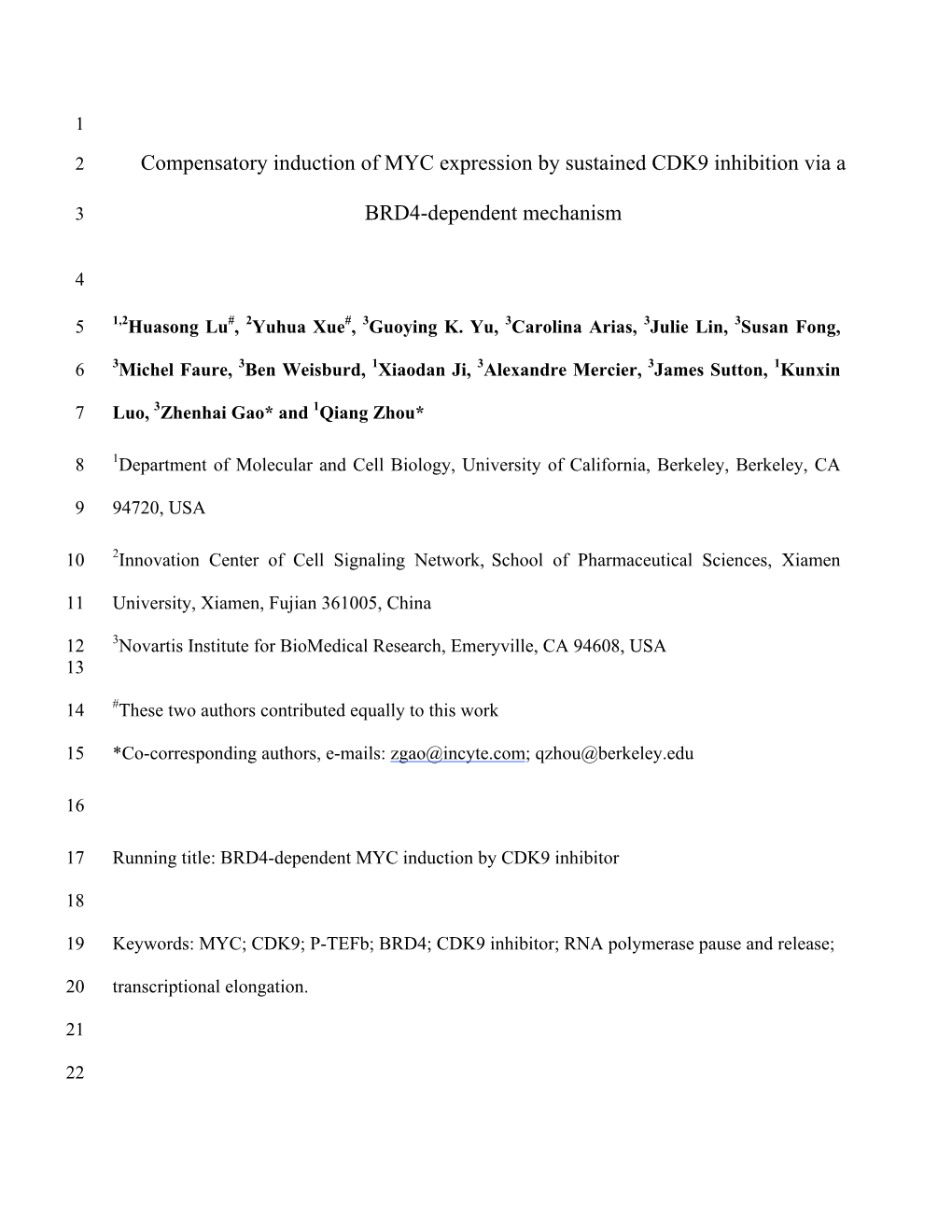 Compensatory Induction of MYC Expression by Sustained CDK9 Inhibition Via A