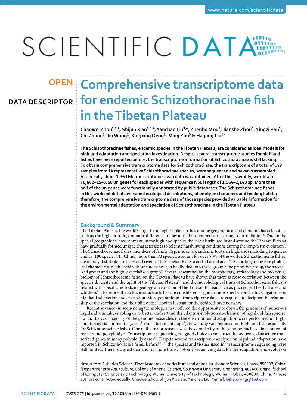 Comprehensive Transcriptome Data for Endemic Schizothoracinae Fish In