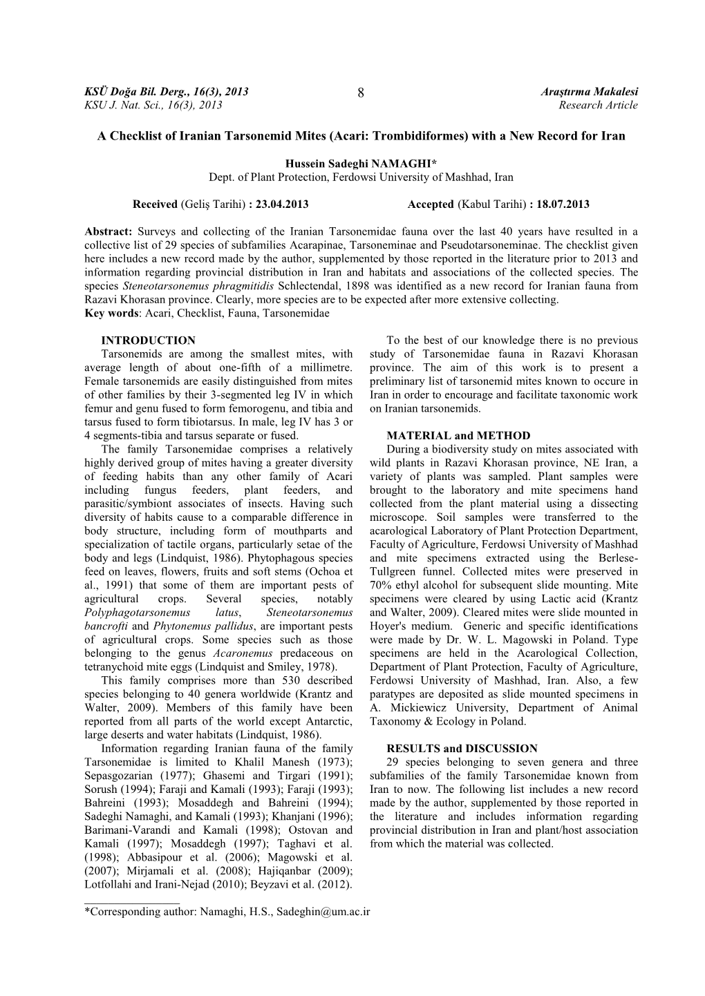 Of Iranian Tarsonemid Mites (Acari: Trombidiformes) with a New Record for Iran