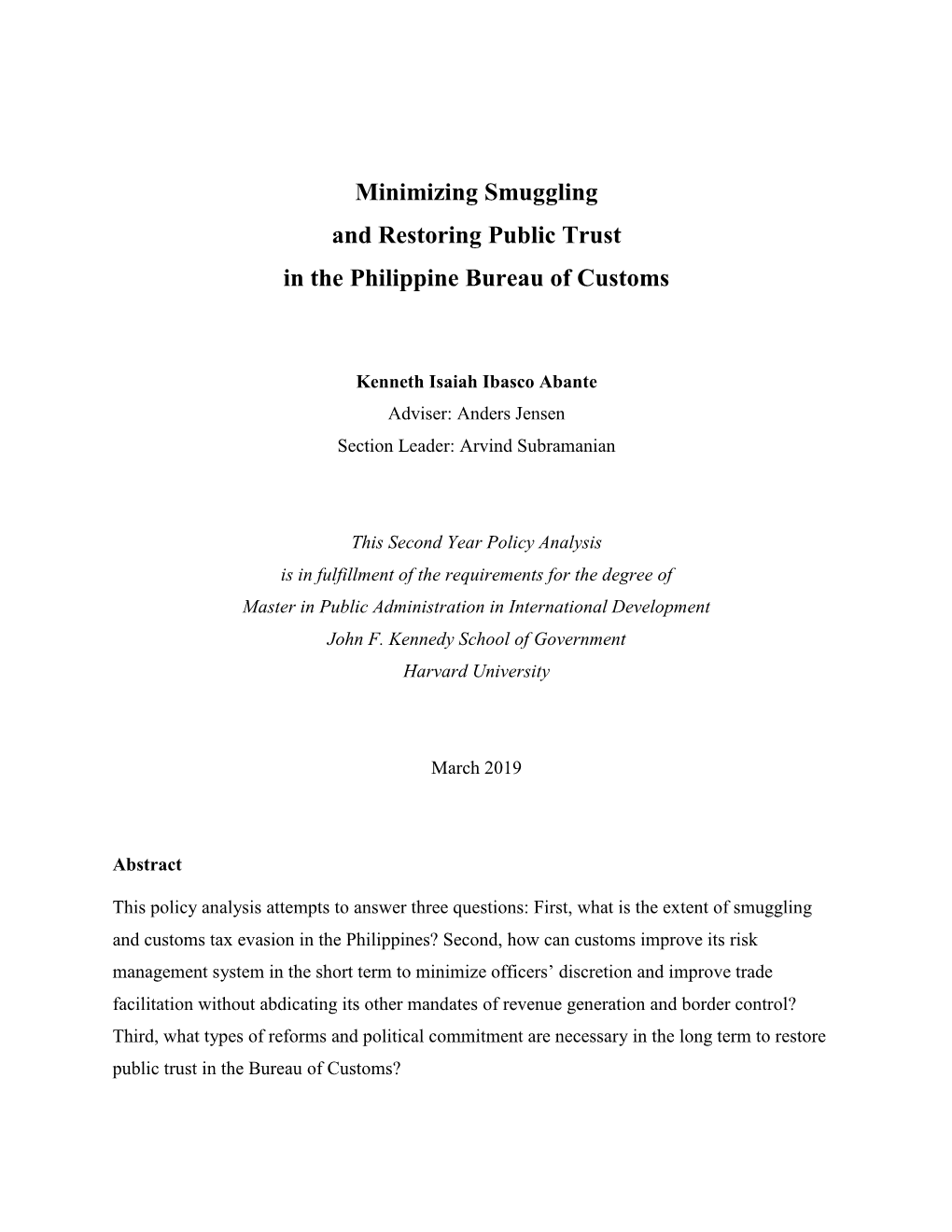 Minimizing Smuggling and Restoring Public Trust in the Philippine Bureau of Customs