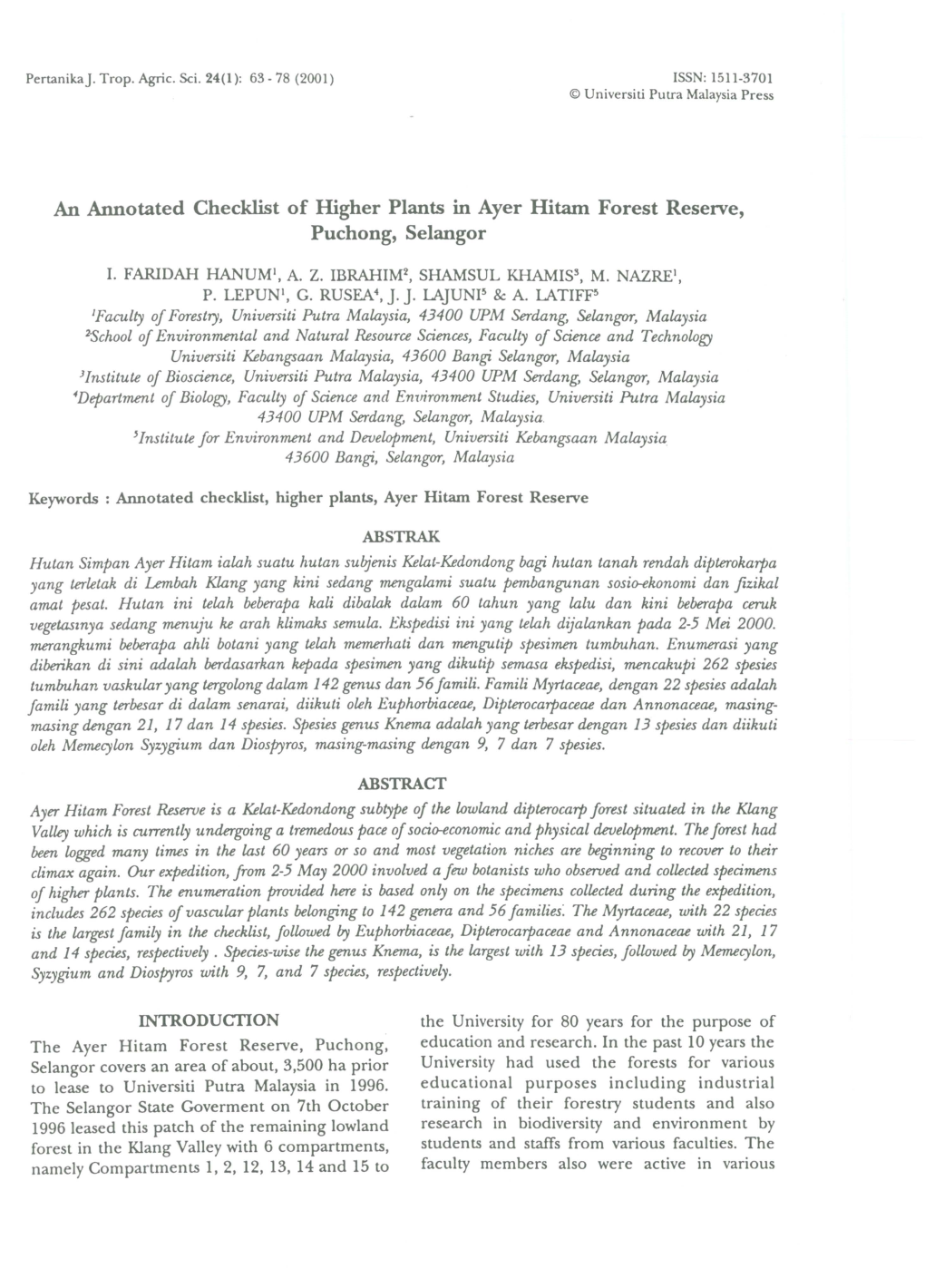 An Annotated Checklist of Higher Plants in Ayer Hitam Forest Reserve, Puchong, Selangor