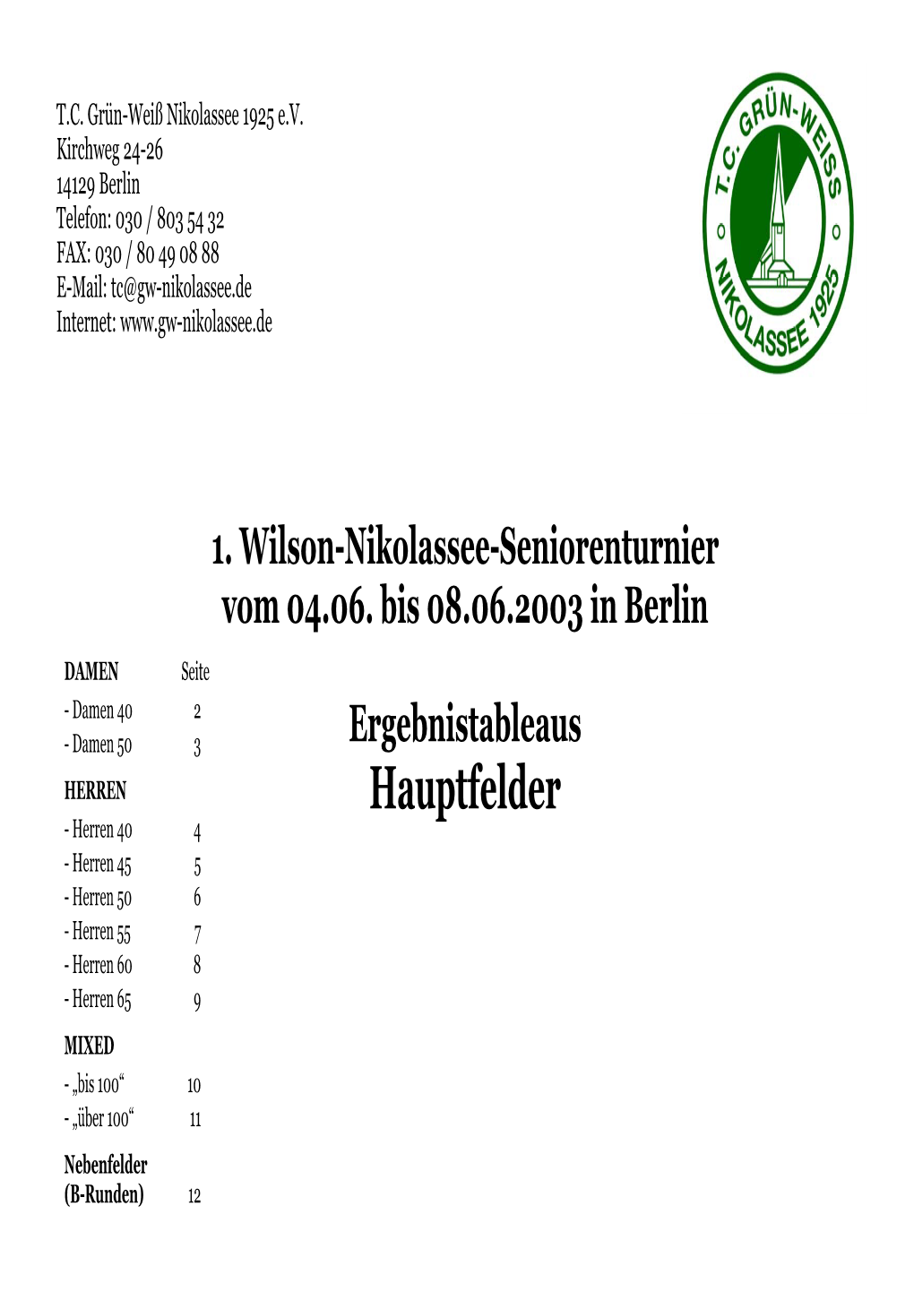 Hauptfelder - Herren 40 4 - Herren 45 5 - Herren 50 6 - Herren 55 7 - Herren 60 8 - Herren 65 9