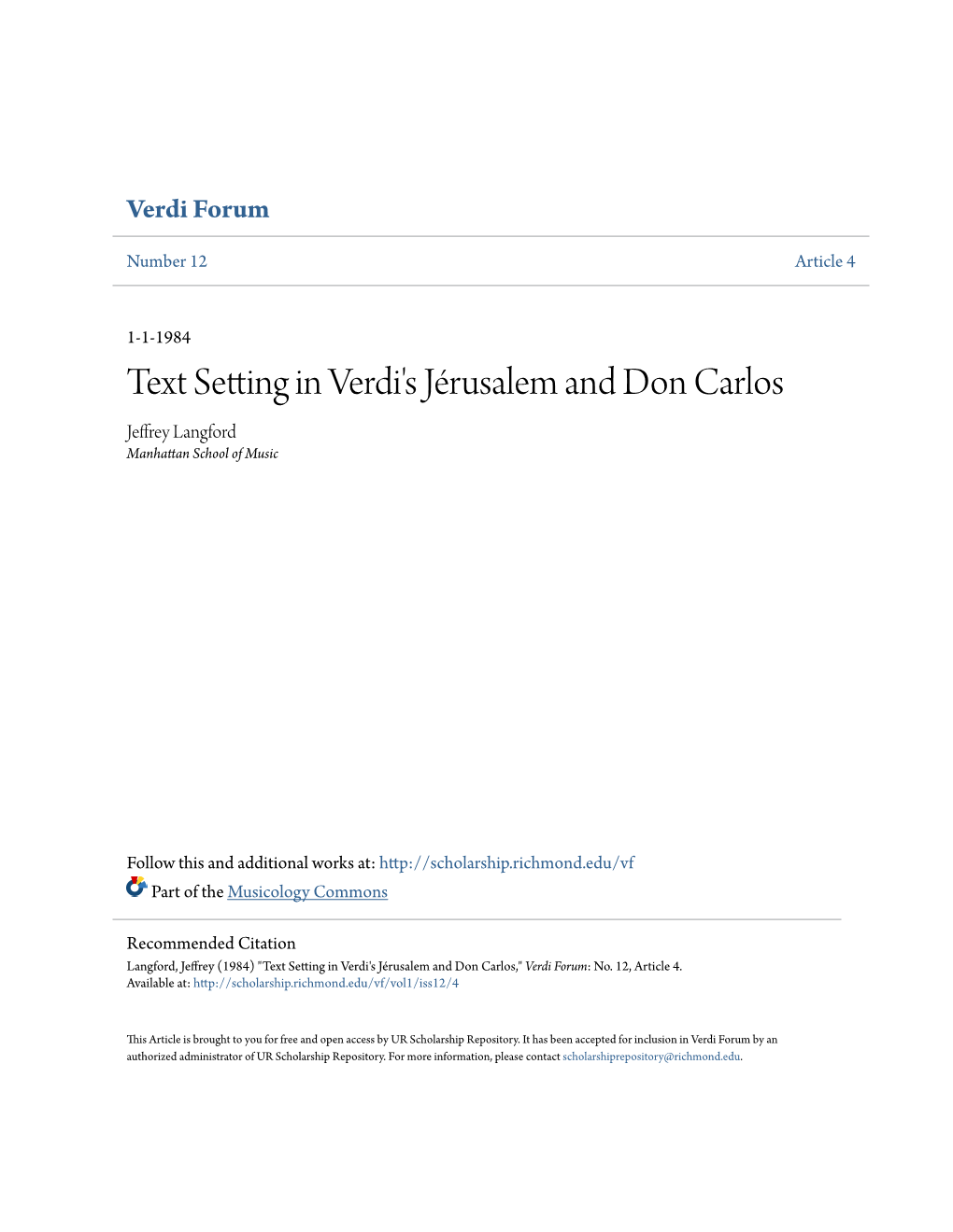 Text Setting in Verdi's JÃ©Rusalem and Don Carlos