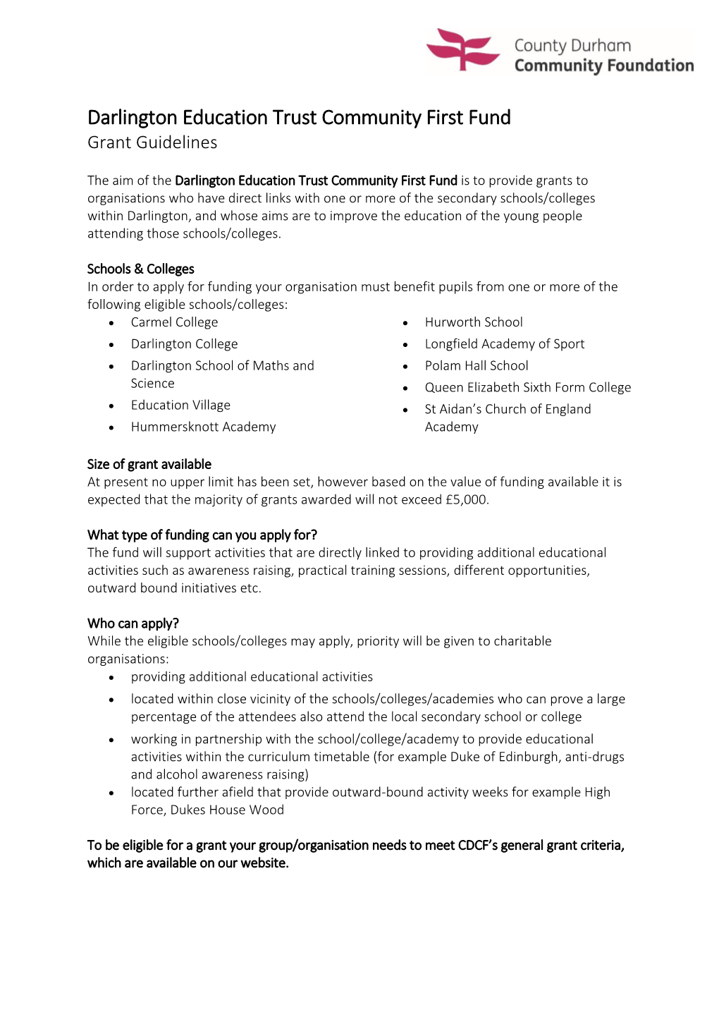 Darlington Education Trust Community First Fund Grant Guidelines
