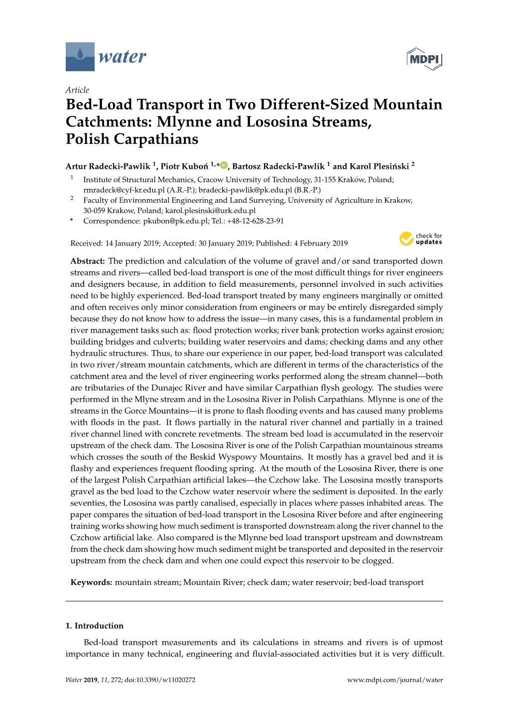 Bed-Load Transport in Two Different-Sized Mountain Catchments: Mlynne and Lososina Streams, Polish Carpathians