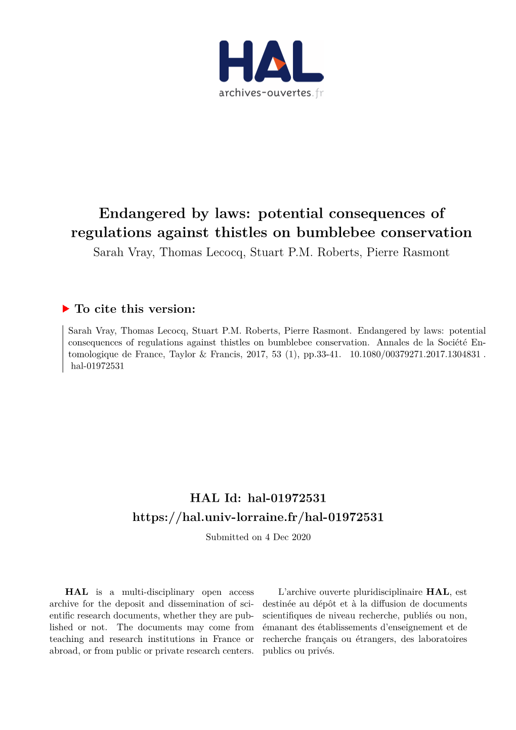 Potential Consequences of Regulations Against Thistles on Bumblebee Conservation Sarah Vray, Thomas Lecocq, Stuart P.M