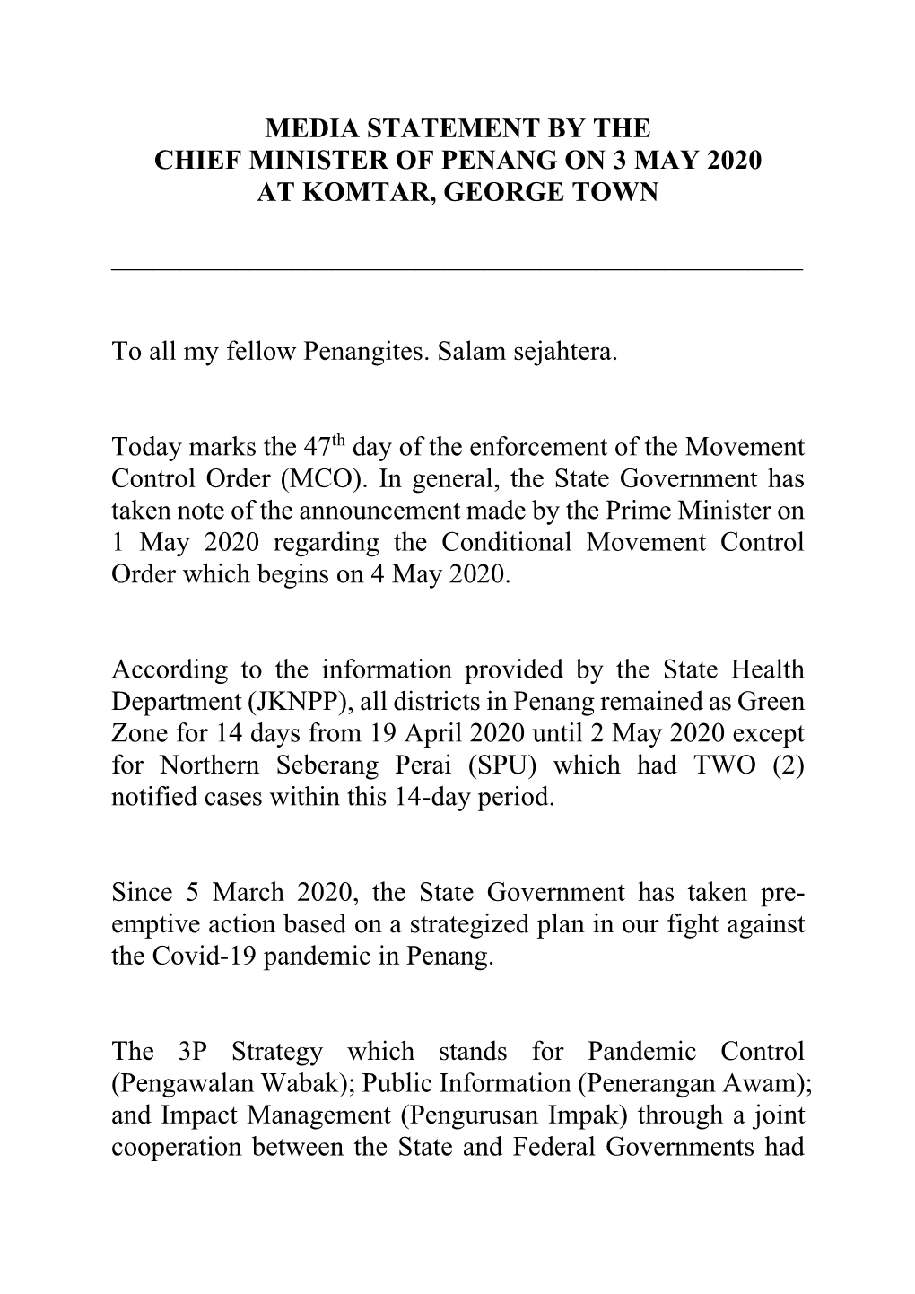 Media Statement by the Chief Minister of Penang on 3 May 2020 at Komtar, George Town