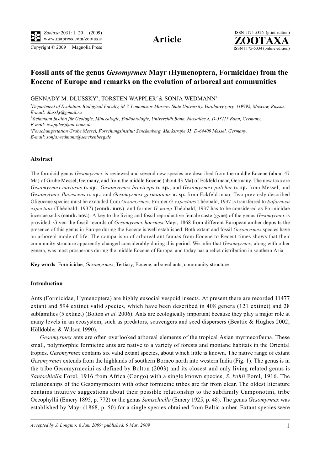 Zootaxa, Fossil Ants of the Genus Gesomyrmex Mayr (Hymenoptera, Formicidae)