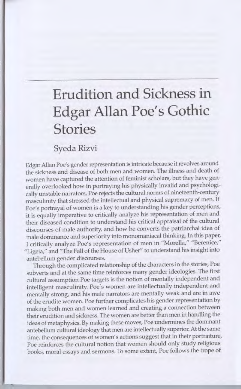 Erudition and Sickness in Edgar Allan Poe's Gothic Stories Syeda Rizvi