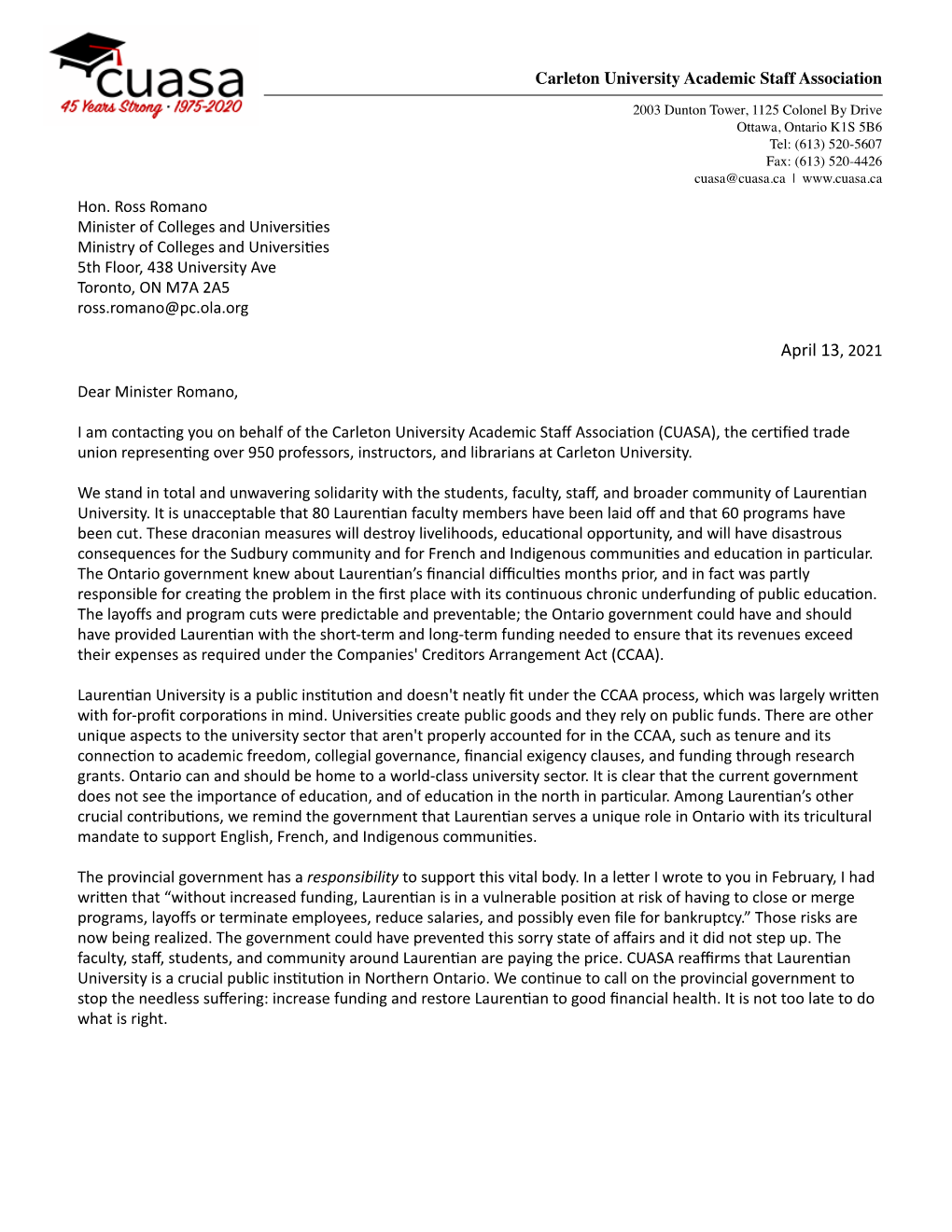 CUASA Letter Re. Laurentian University 13 April 2021