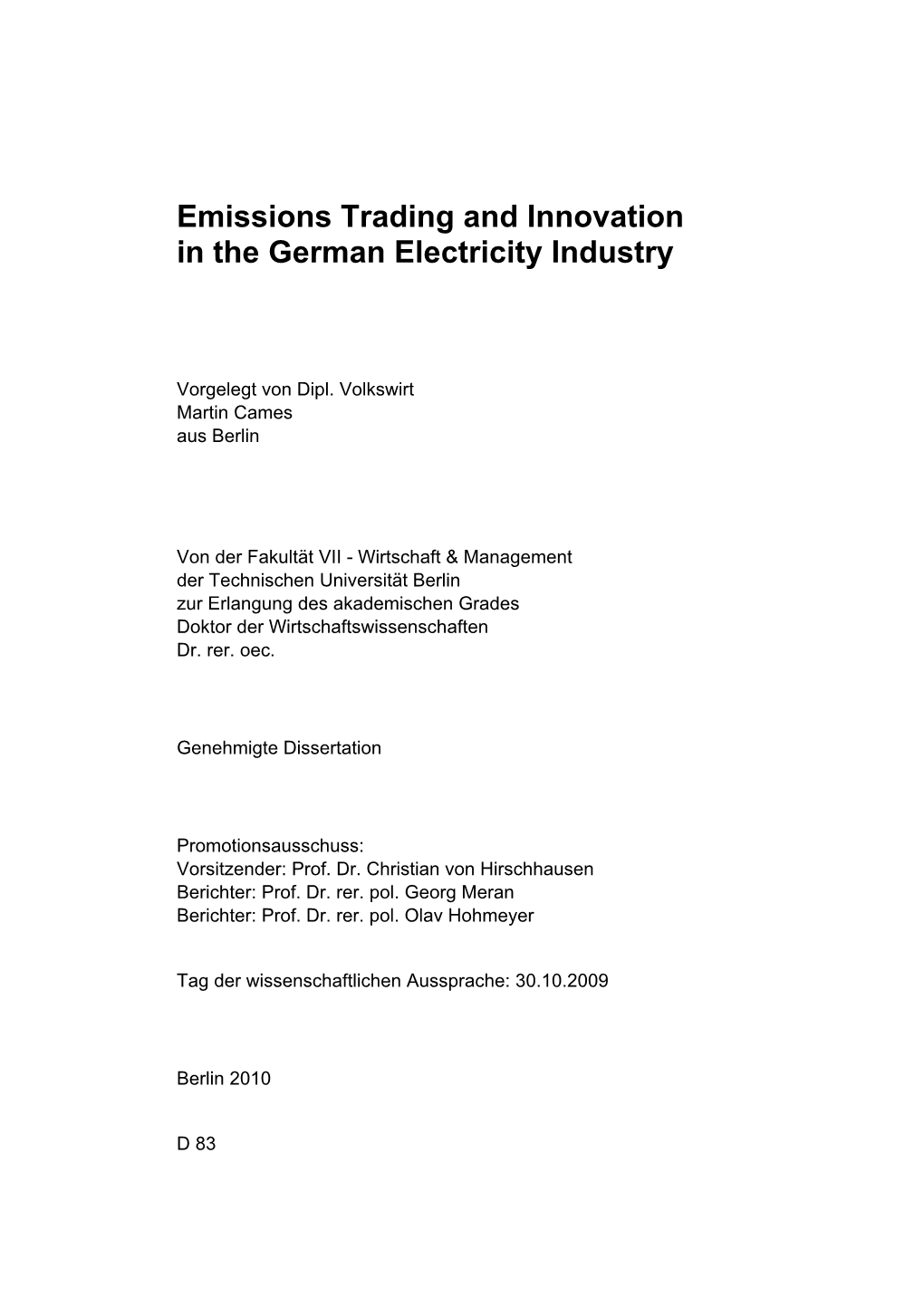 Emissions Trading and Innovation in the German Electricity Industry