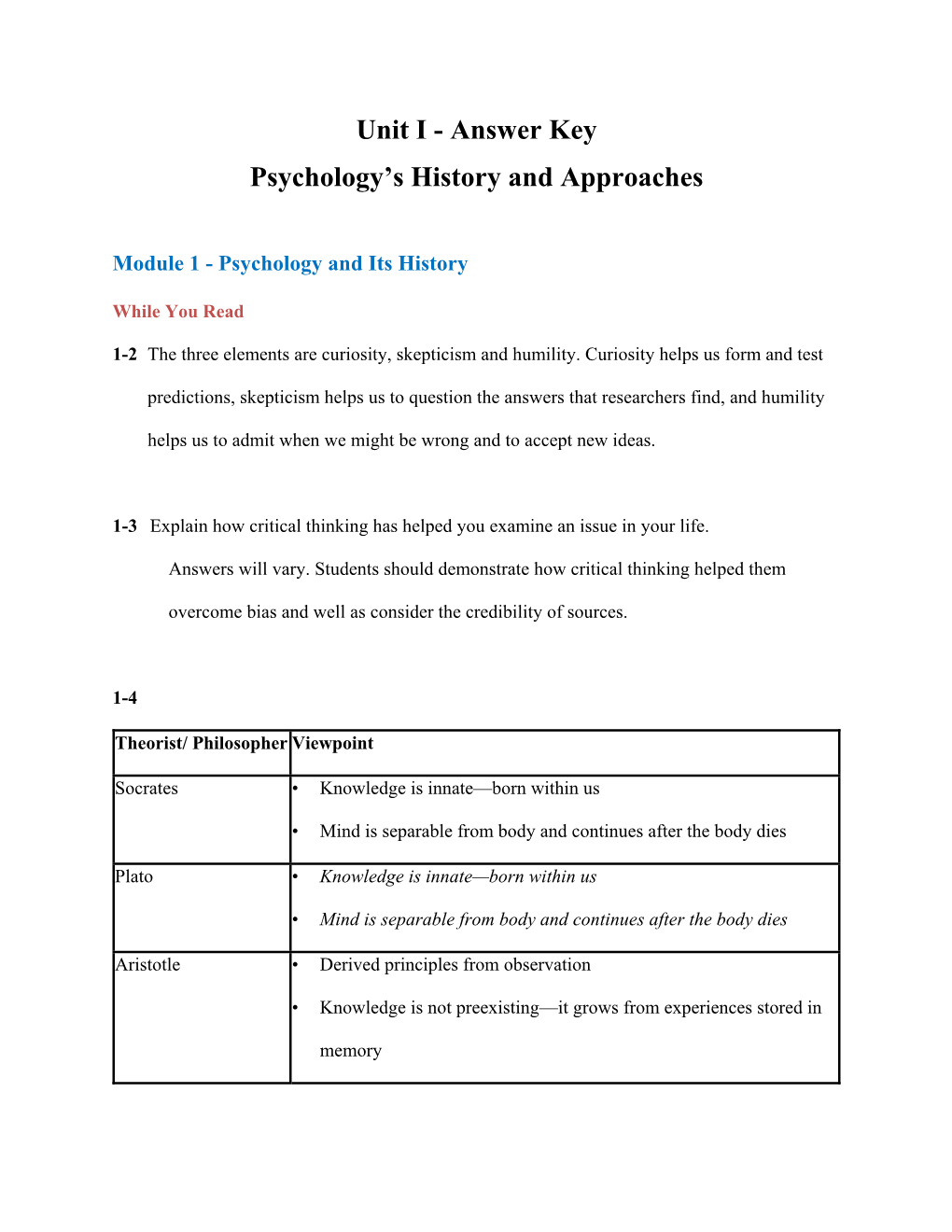 Unit I - Answer Key Psychology’S History and Approaches