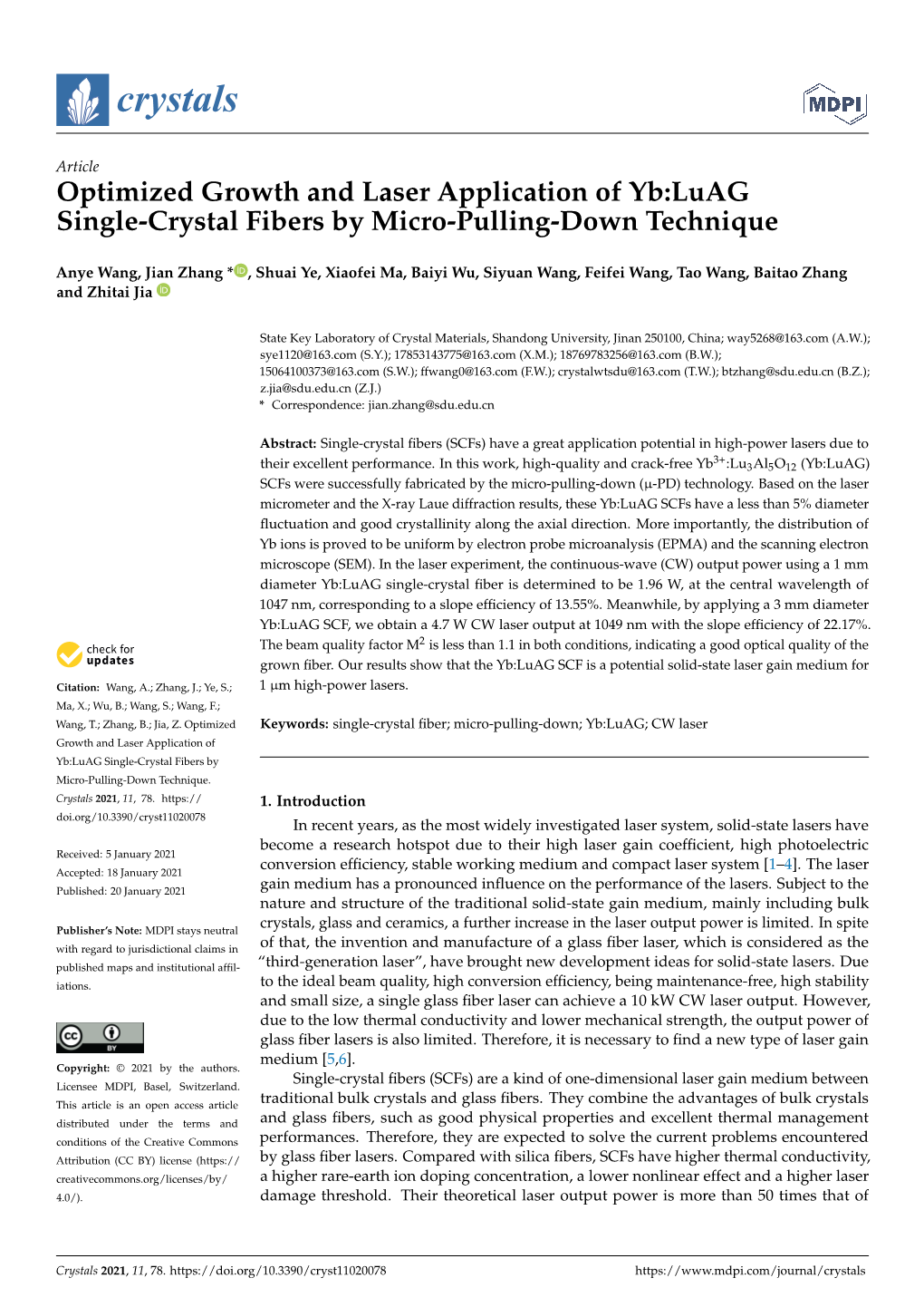 Optimized Growth and Laser Application of Yb:Luag Single-Crystal Fibers by Micro-Pulling-Down Technique