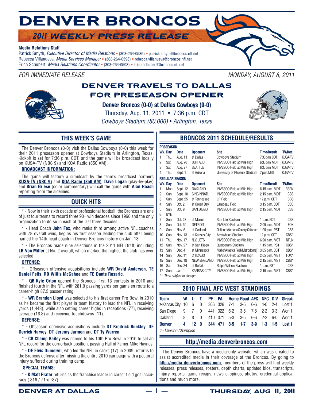 Broncos 2011 Weekly Press Release