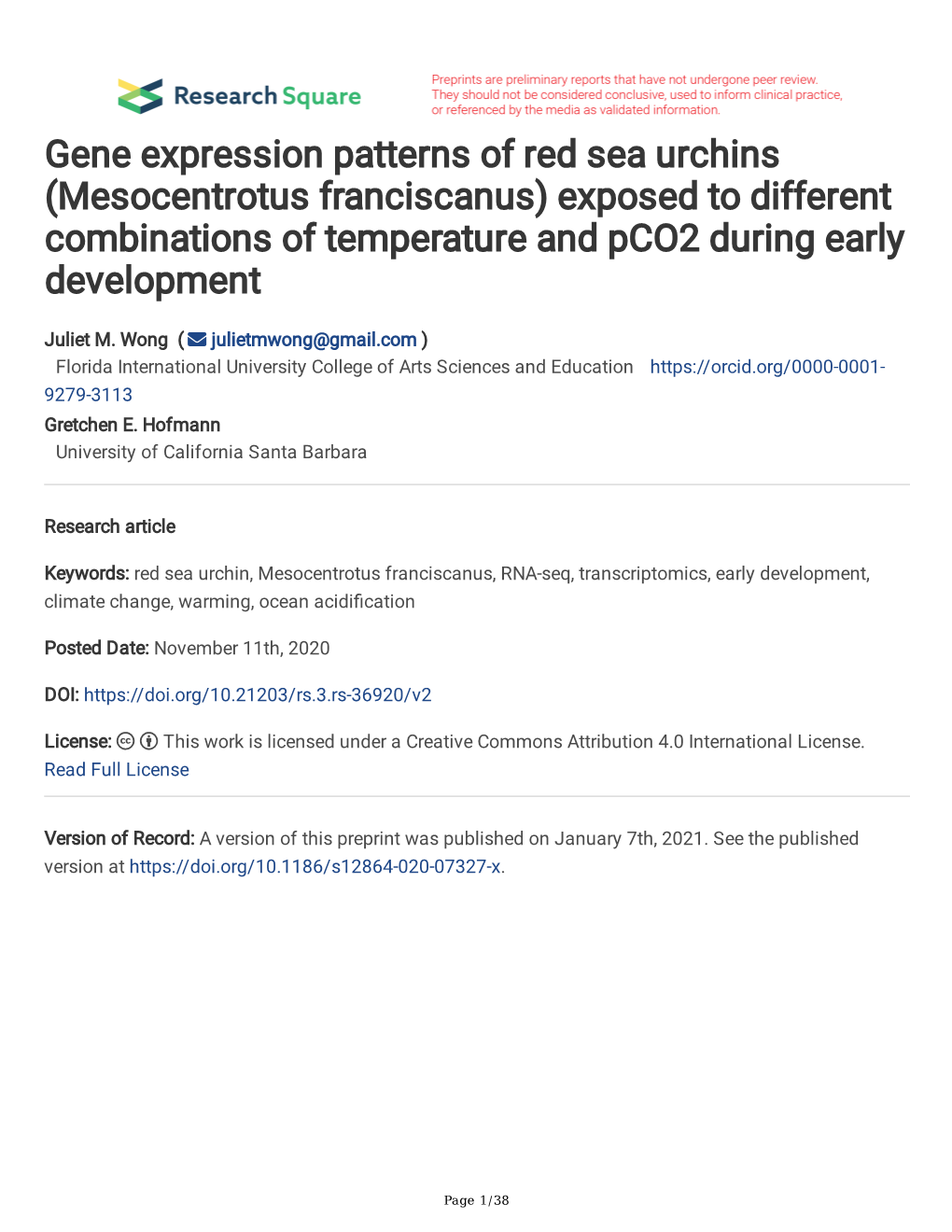 Gene Expression Patterns of Red Sea Urchins (Mesocentrotus Franciscanus) Exposed to Different Combinations of Temperature and Pco2 During Early Development