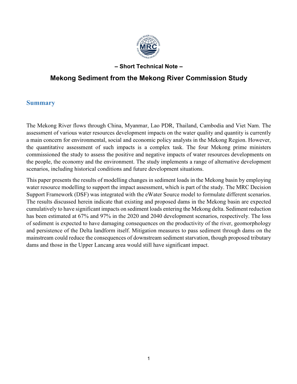 Mekong Sediment from the Mekong River Commission Study Summary