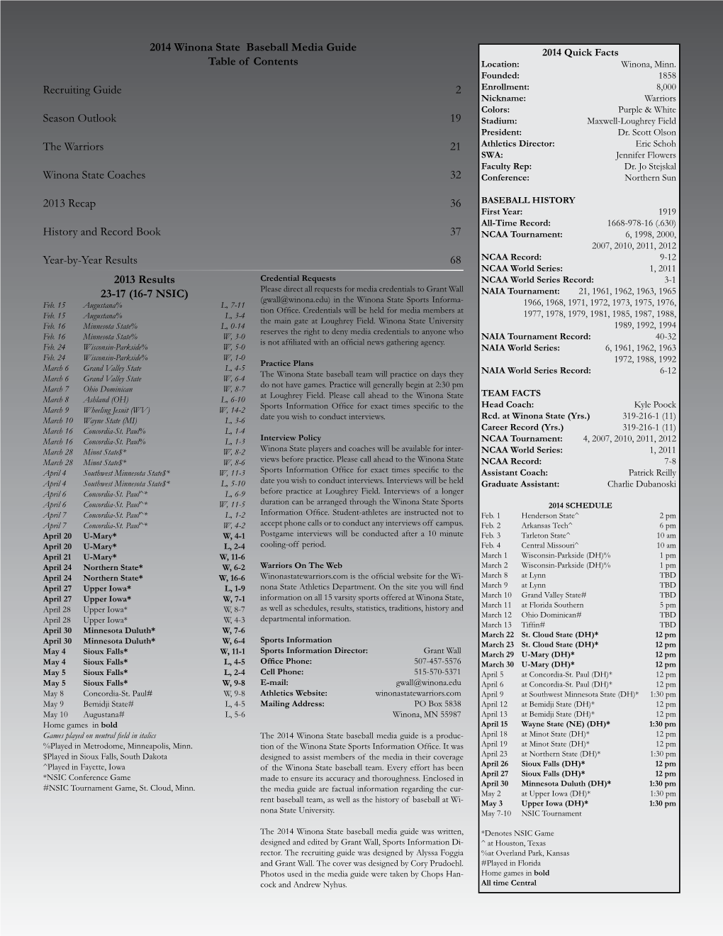 2014 Winona State Baseball Media Guide Table of Contents Recruiting