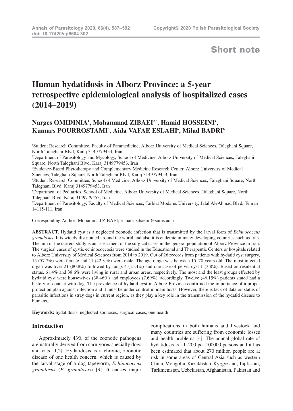 Short Note Human Hydatidosis in Alborz Province