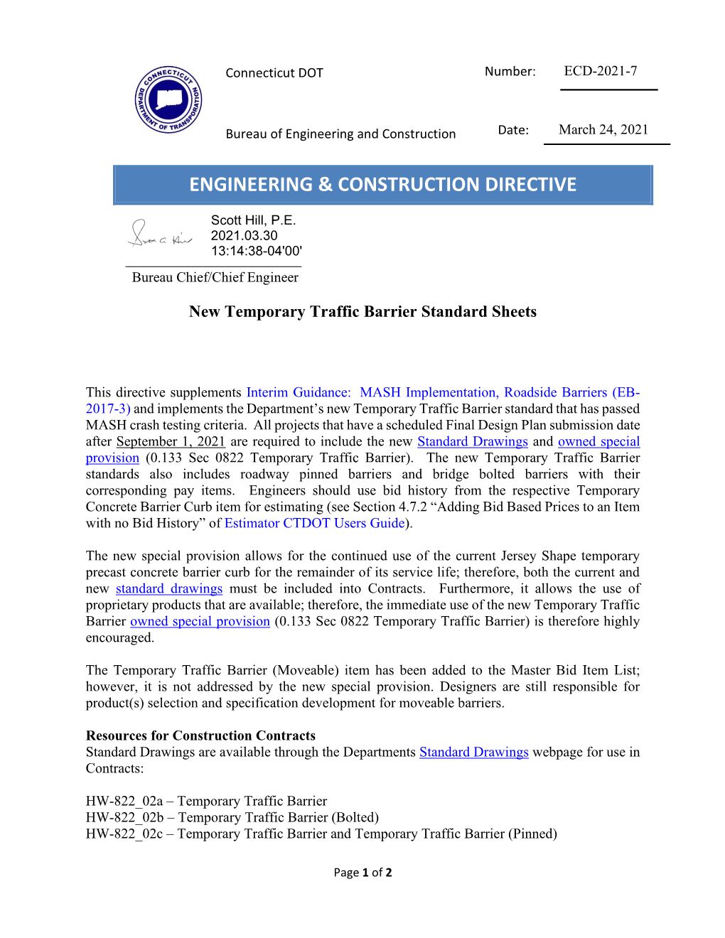 ECD-2021-7 New Temporary Traffic Barrier Standard Sheets