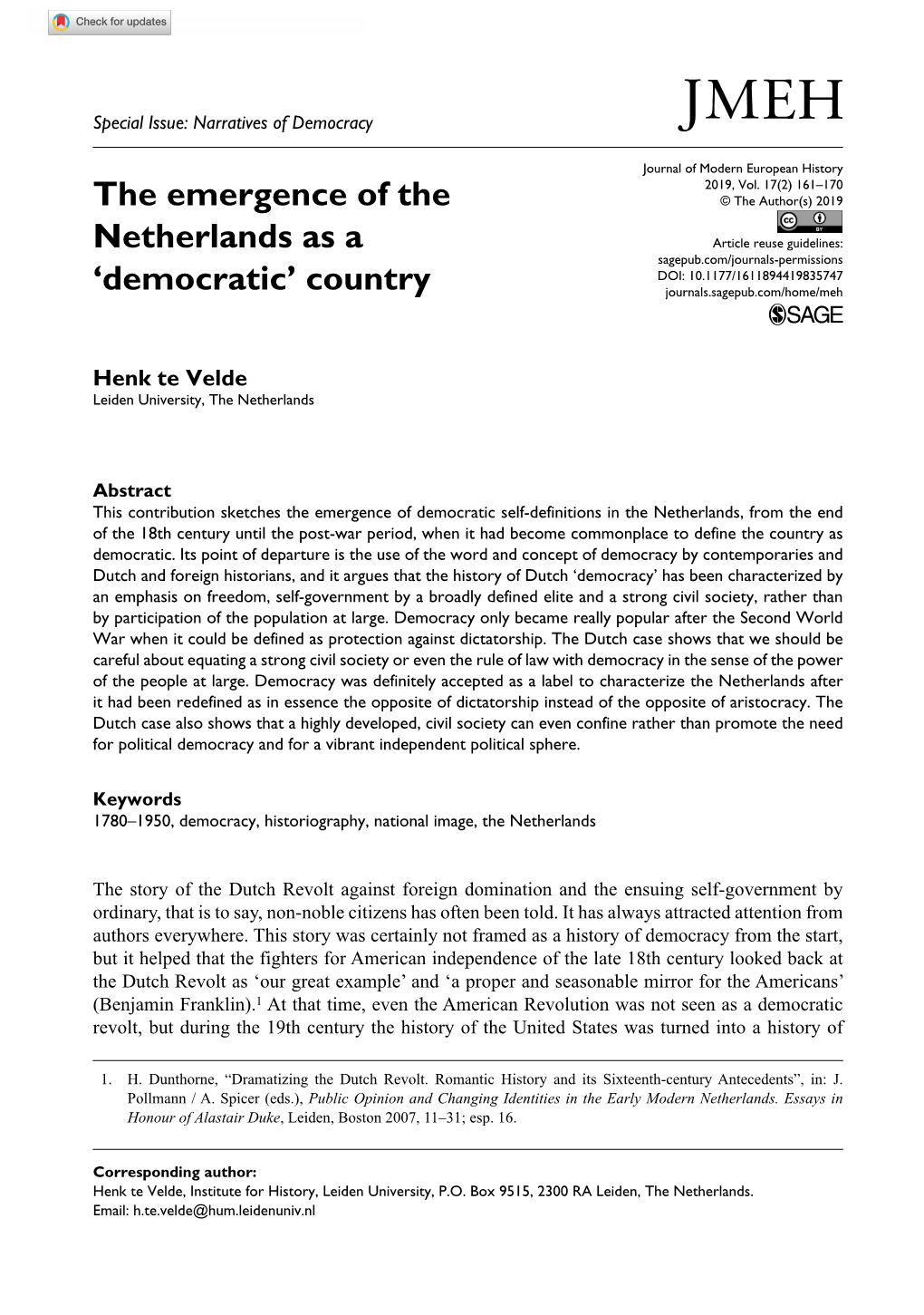 The Emergence of the Netherlands As a 'Democratic' Country