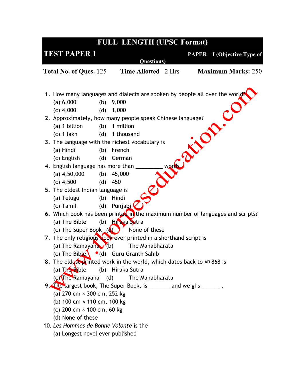 TEST PAPER 1 PAPER – I (Objective Type of Questions) Total No