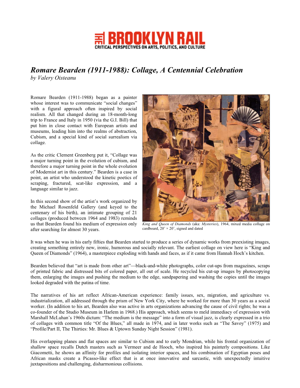 Romare Bearden (1911-1988): Collage, a Centennial Celebration by Valery Oisteanu